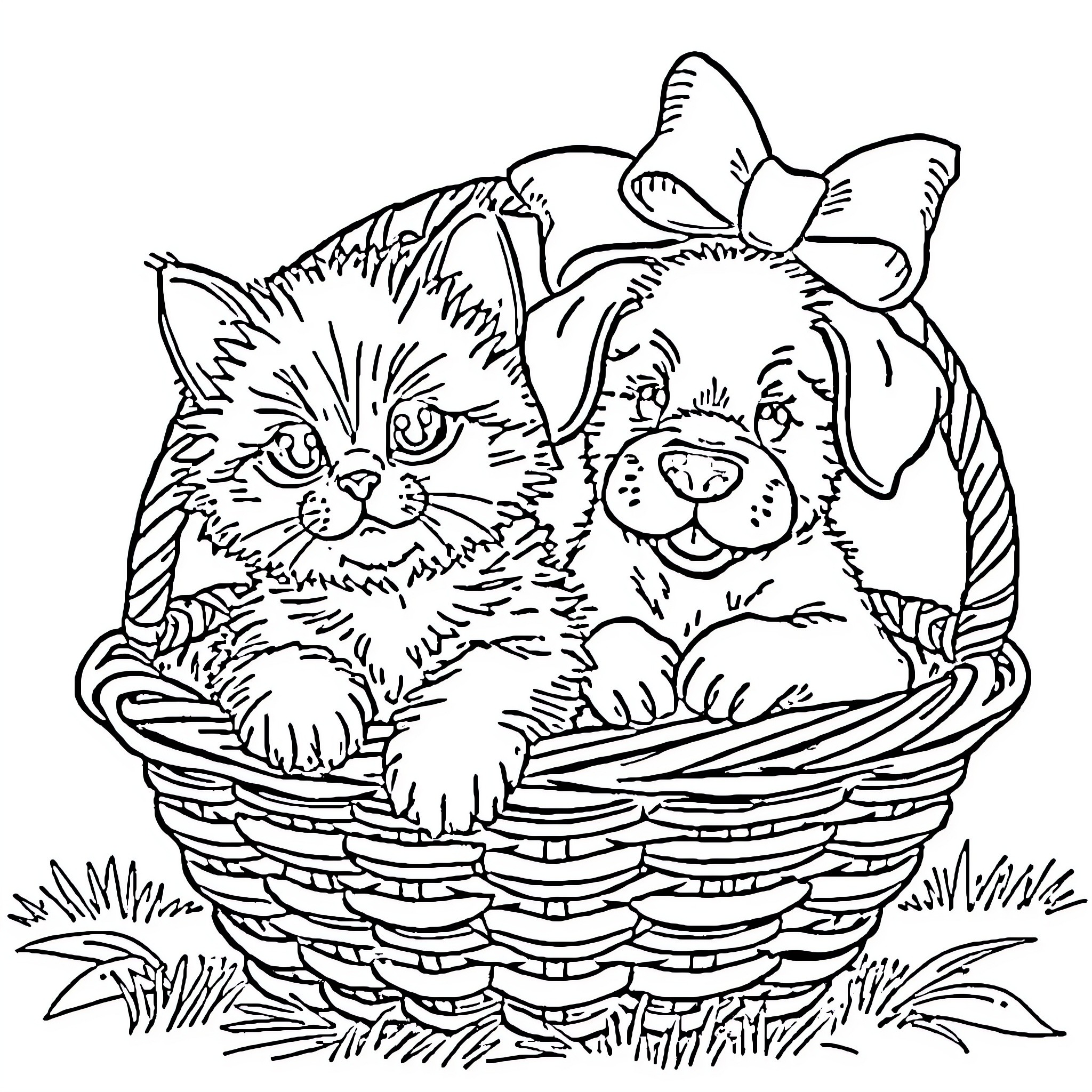 Kitten and Puppy in a Cozy Basket Coloring Page (free black-and-white line drawing printable PDF for all, from beginners to advanced learners, including children, teens, adults, and seniors)