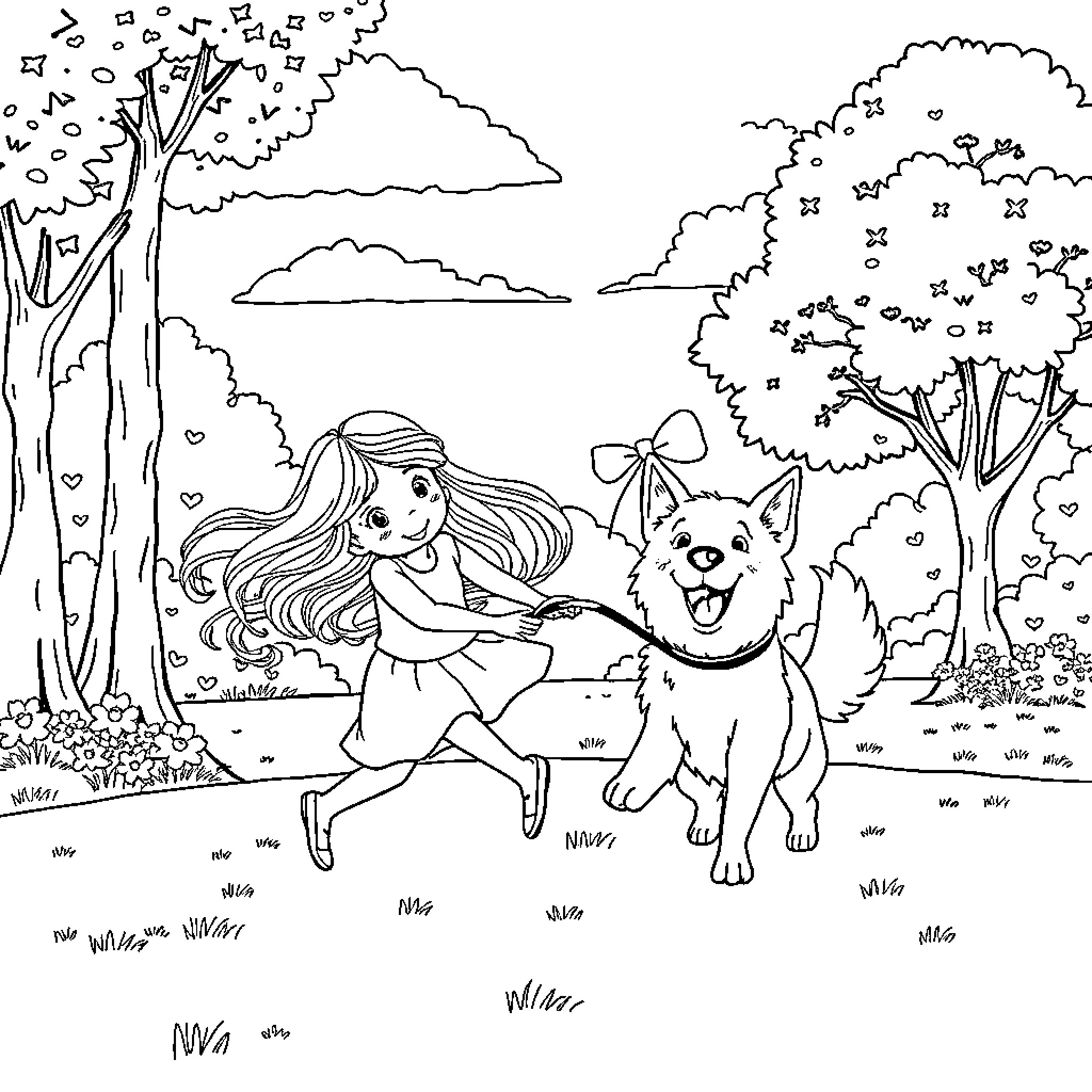 Dog and girl playing together in nature Coloring Page (free black-and-white line drawing printable PDF for all, from beginners to advanced learners, including children, teens, adults, and seniors)