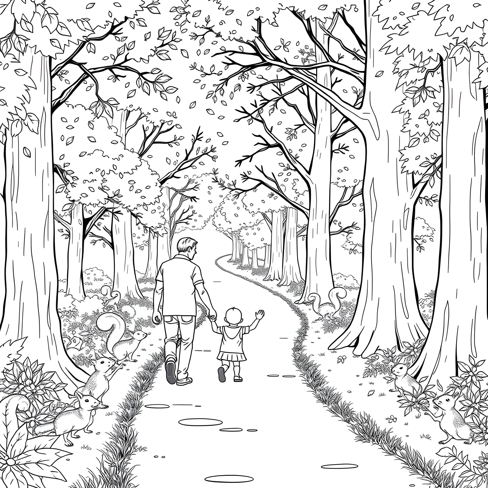 Father and child walking in the enchanted forest Coloring Page (free black-and-white line drawing printable PDF for all, from beginners to advanced learners, including children, teens, adults, and seniors)