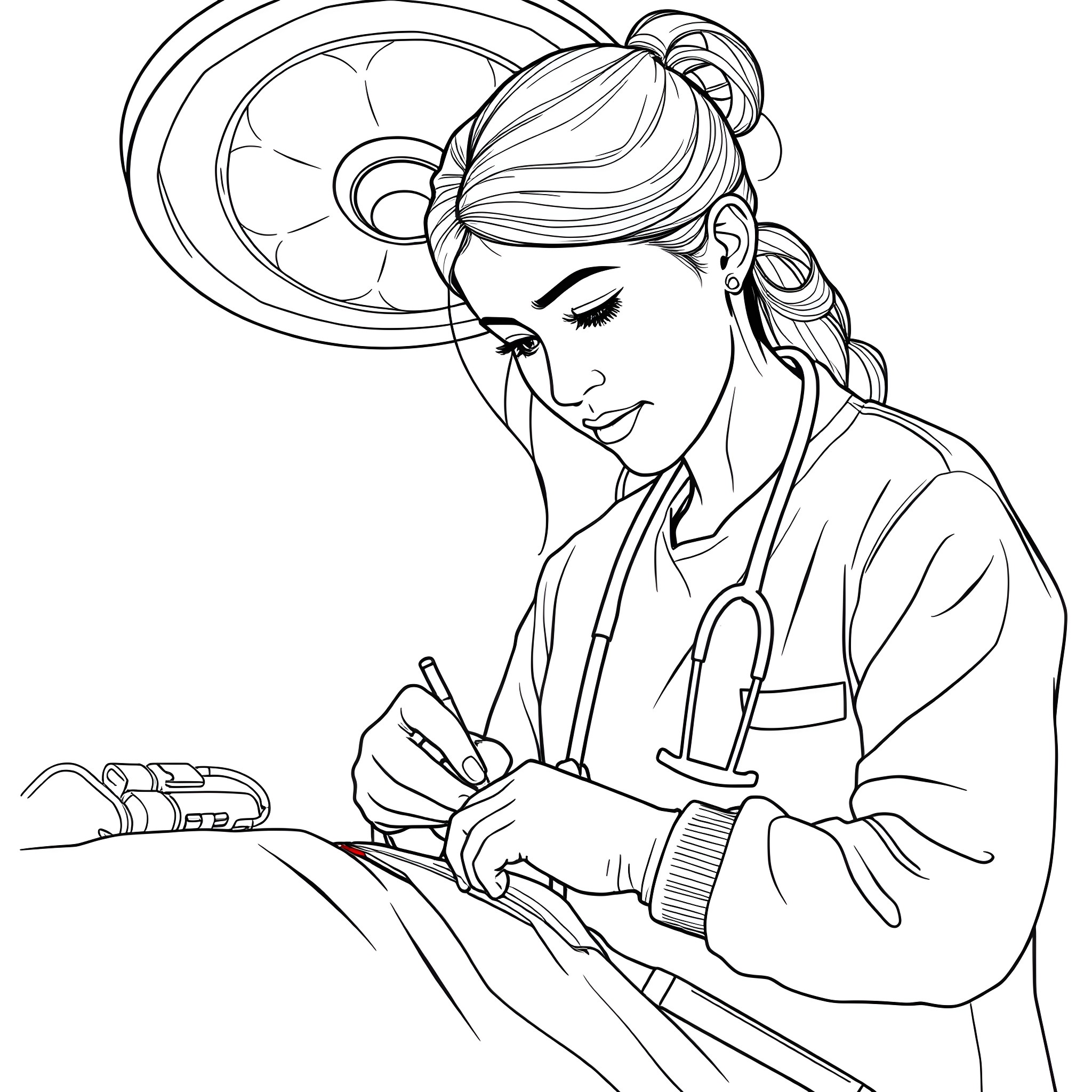 Doctor intently examining patient on hospital bed Coloring Page (free black-and-white line drawing printable PDF for all, from beginners to advanced learners, including children, teens, adults, and seniors)
