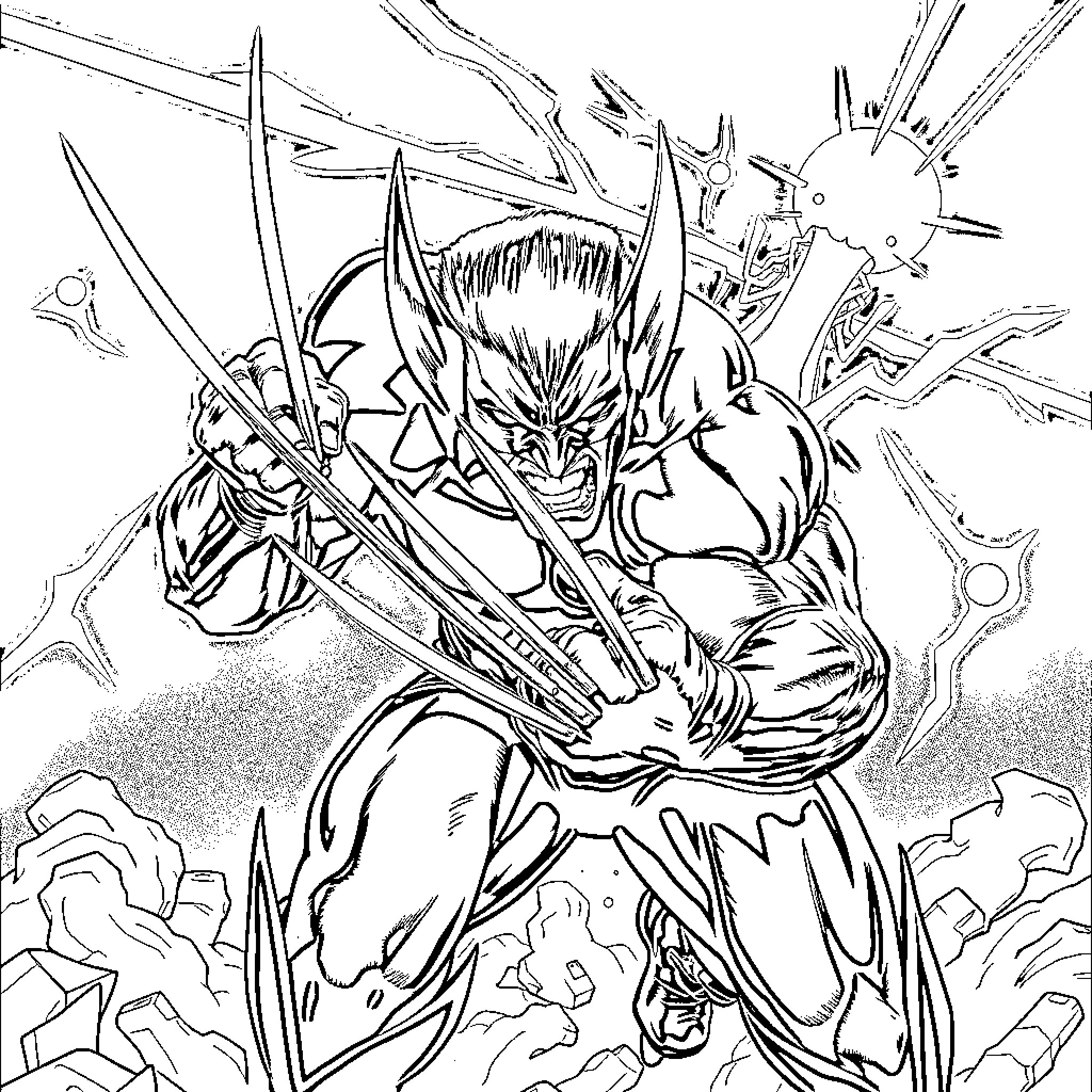 Wolverine in Fierce Battle Stance Coloring Page (free black-and-white line drawing printable PDF for all, from beginners to advanced learners, including children, teens, adults, and seniors)