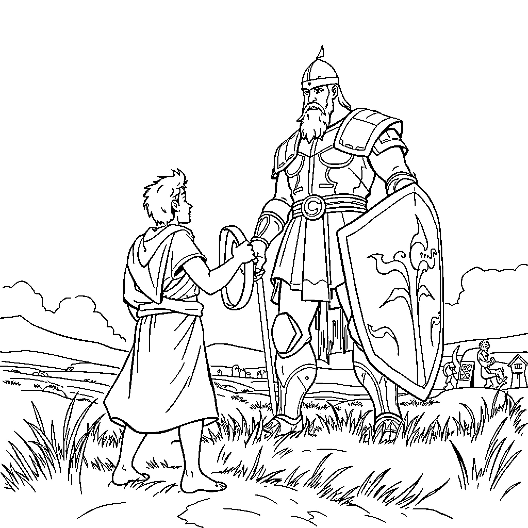 David in discussion with the armored warrior on the field Coloring Page (free black-and-white line drawing printable PDF for all, from beginners to advanced learners, including children, teens, adults, and seniors)