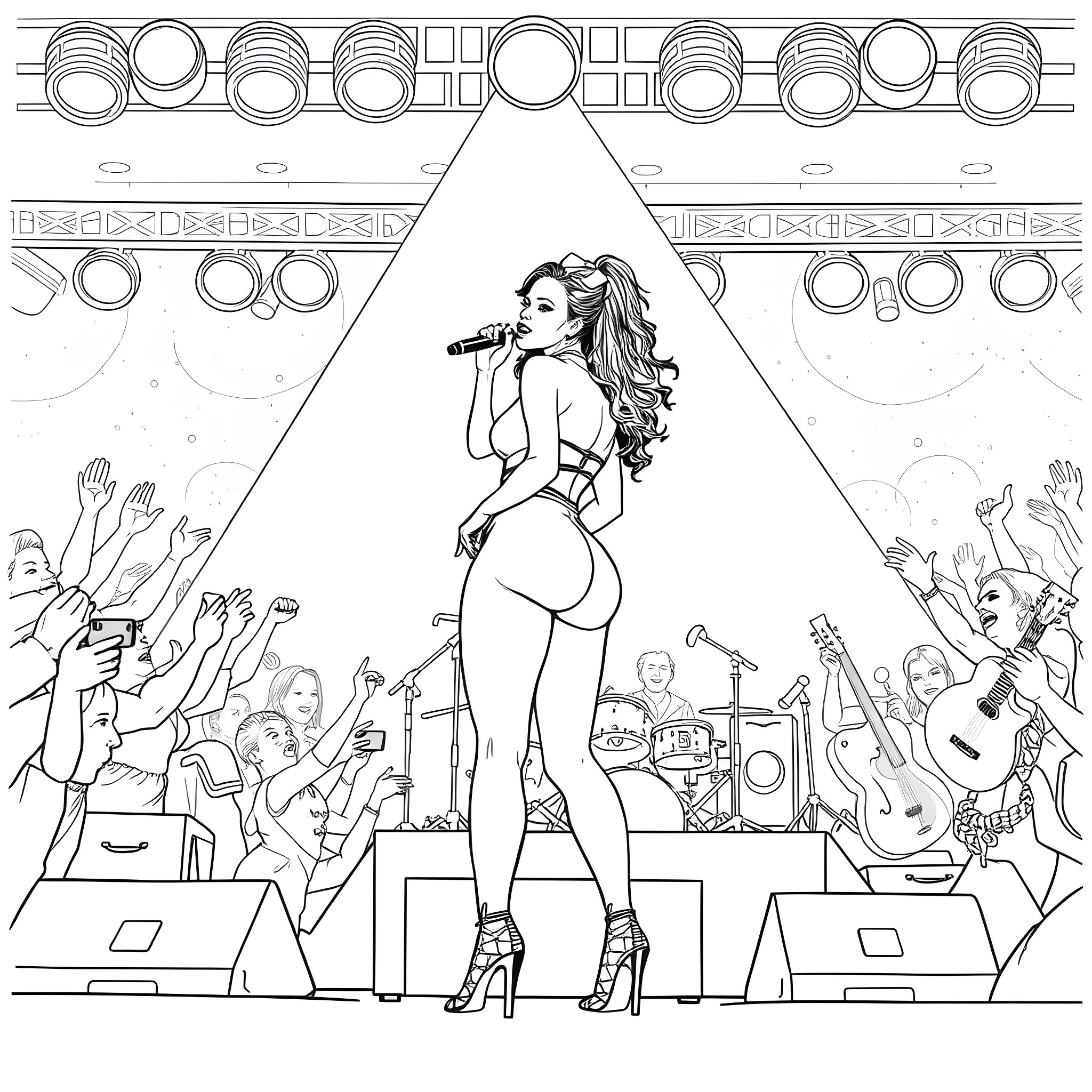 Rihanna performing on stage with her band Coloring Page (free black-and-white line drawing printable PDF for all, from beginners to advanced learners, including children, teens, adults, and seniors)
