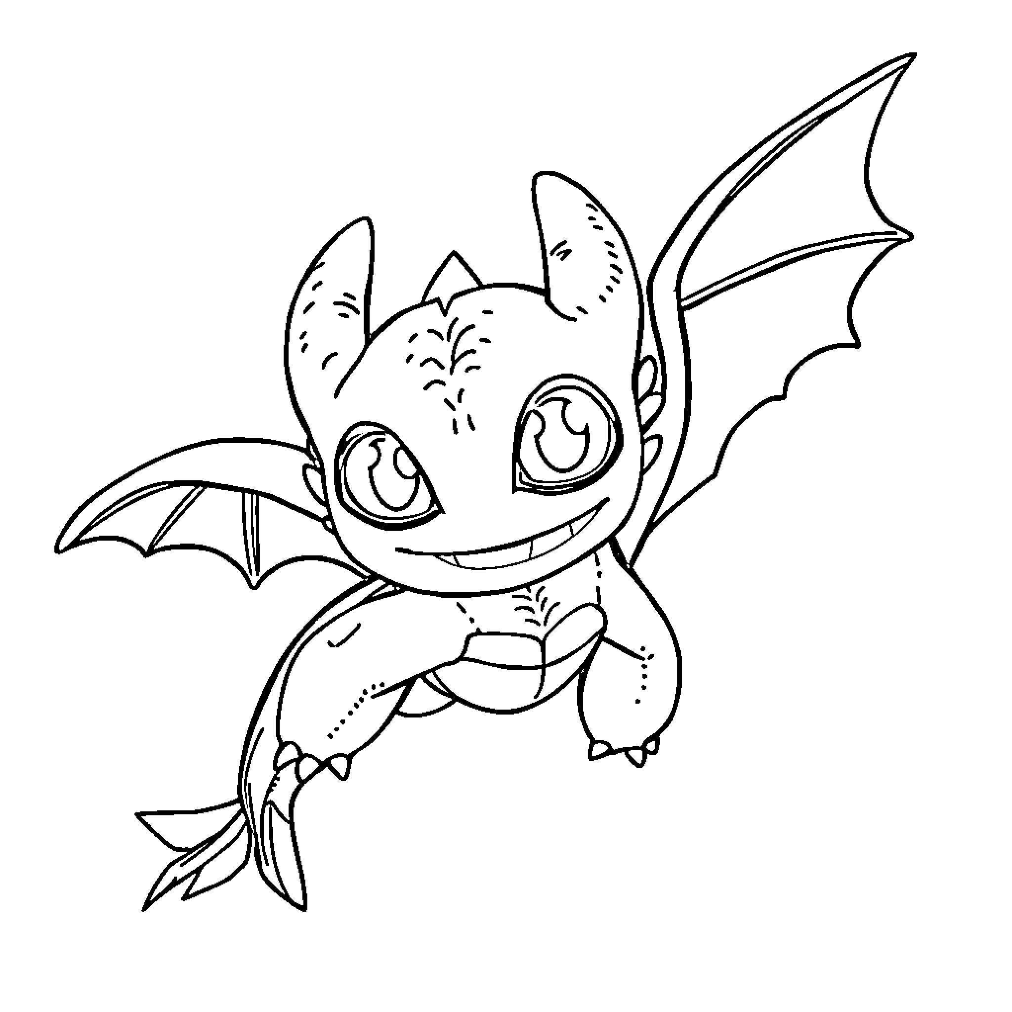 Toothless the Friendly Dragon Coloring Page (free black-and-white line drawing printable PDF for all, from beginners to advanced learners, including children, teens, adults, and seniors)