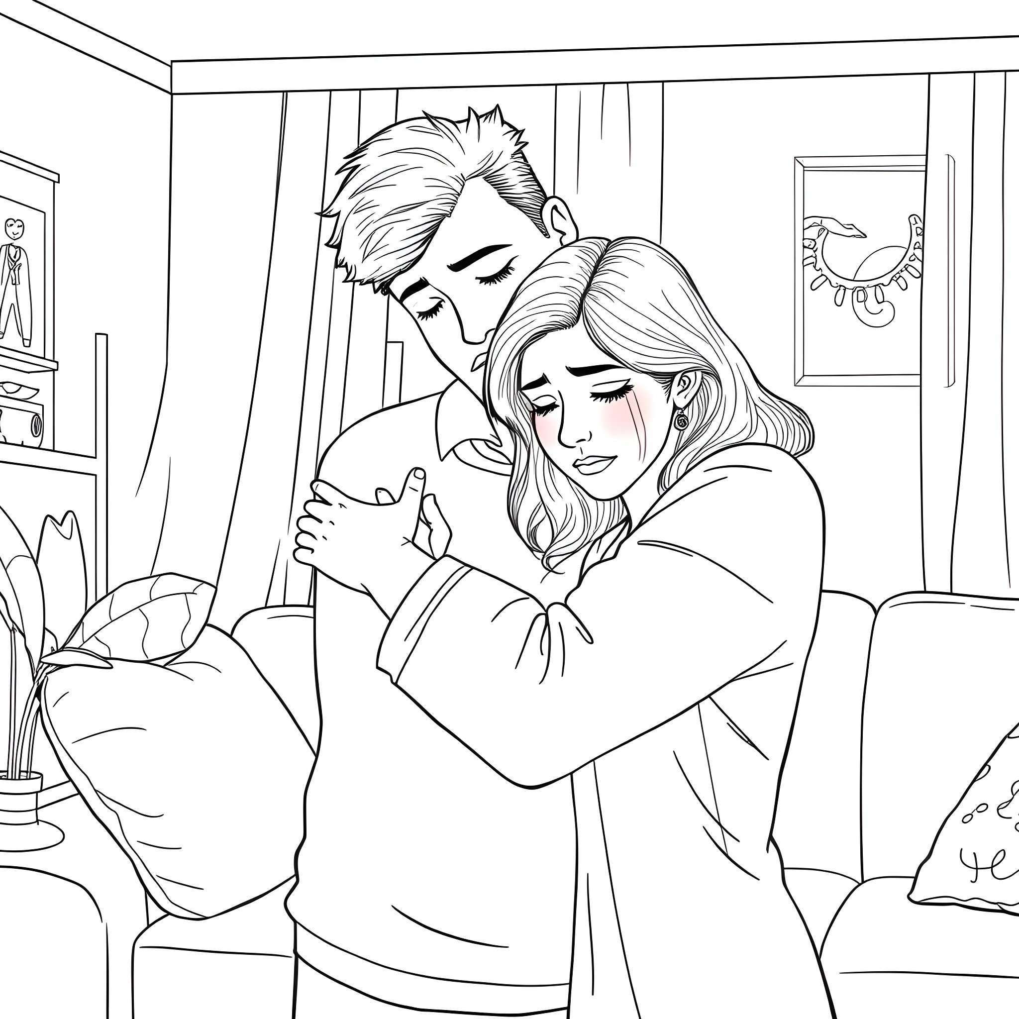 Husband comforting his sad wife at home Coloring Page (free black-and-white line drawing printable PDF for all, from beginners to advanced learners, including children, teens, adults, and seniors)
