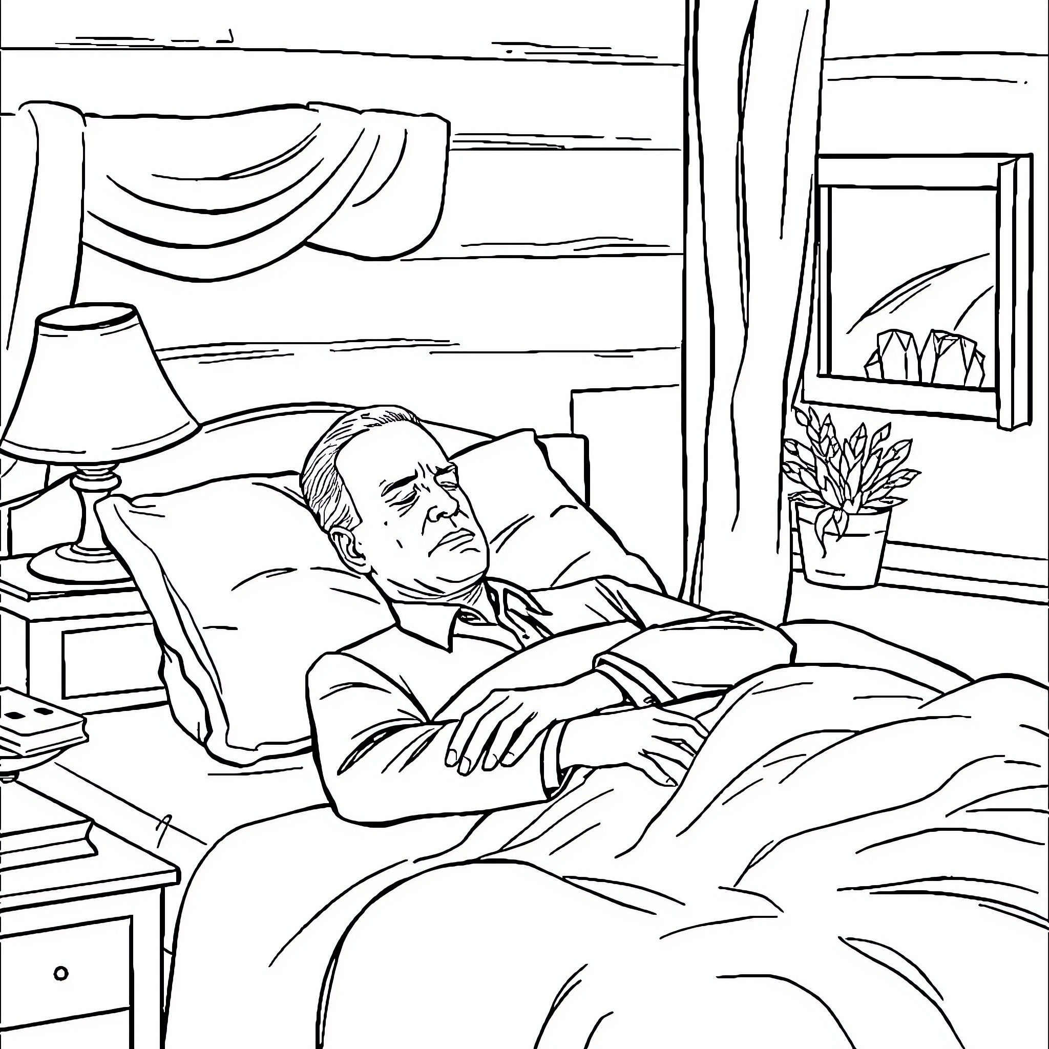 Joe Biden resting peacefully in his private quarters Coloring Page (free black-and-white line drawing printable PDF for all, from beginners to advanced learners, including children, teens, adults, and seniors)