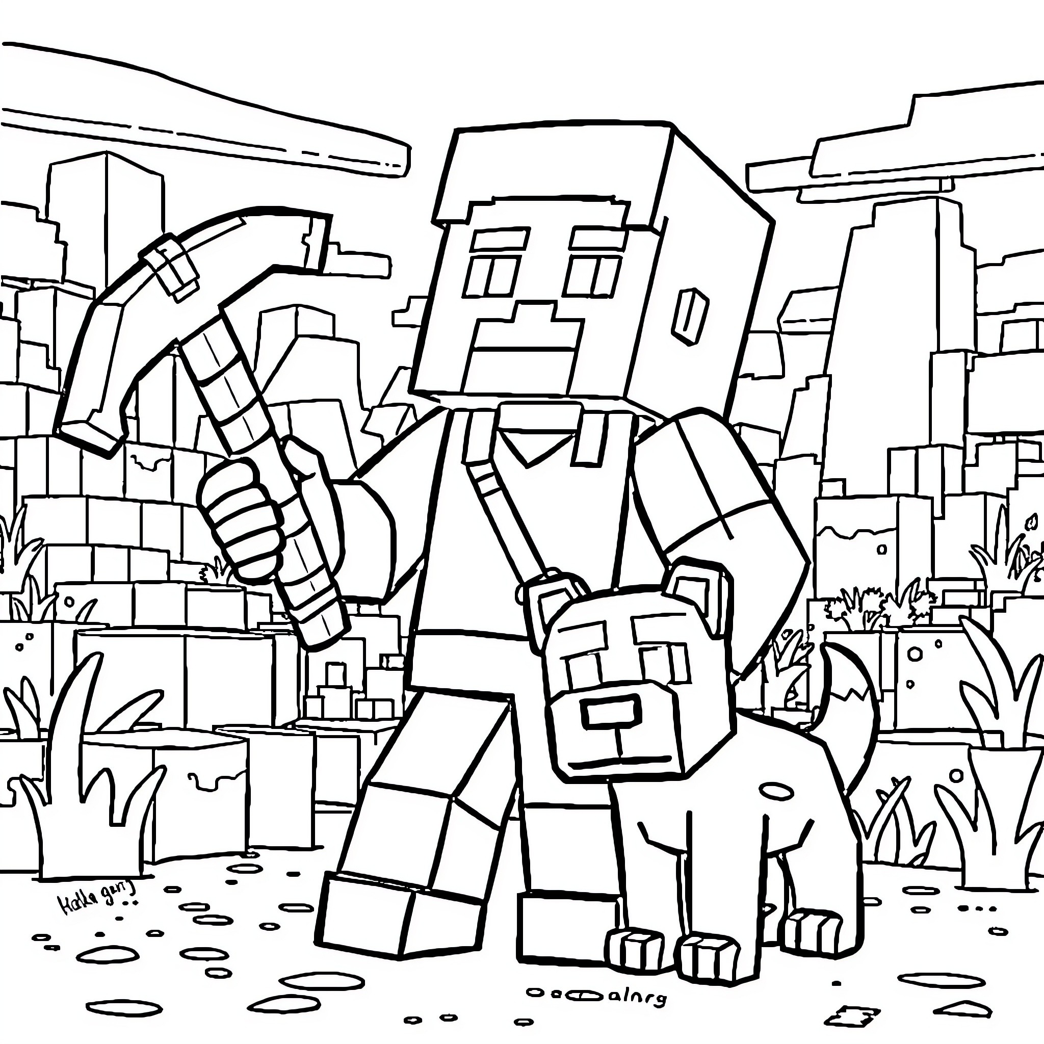 Steve's Adventurous Expedition in the Blocky Landscape Coloring Page (free black-and-white line drawing printable PDF for all, from beginners to advanced learners, including children, teens, adults, and seniors)