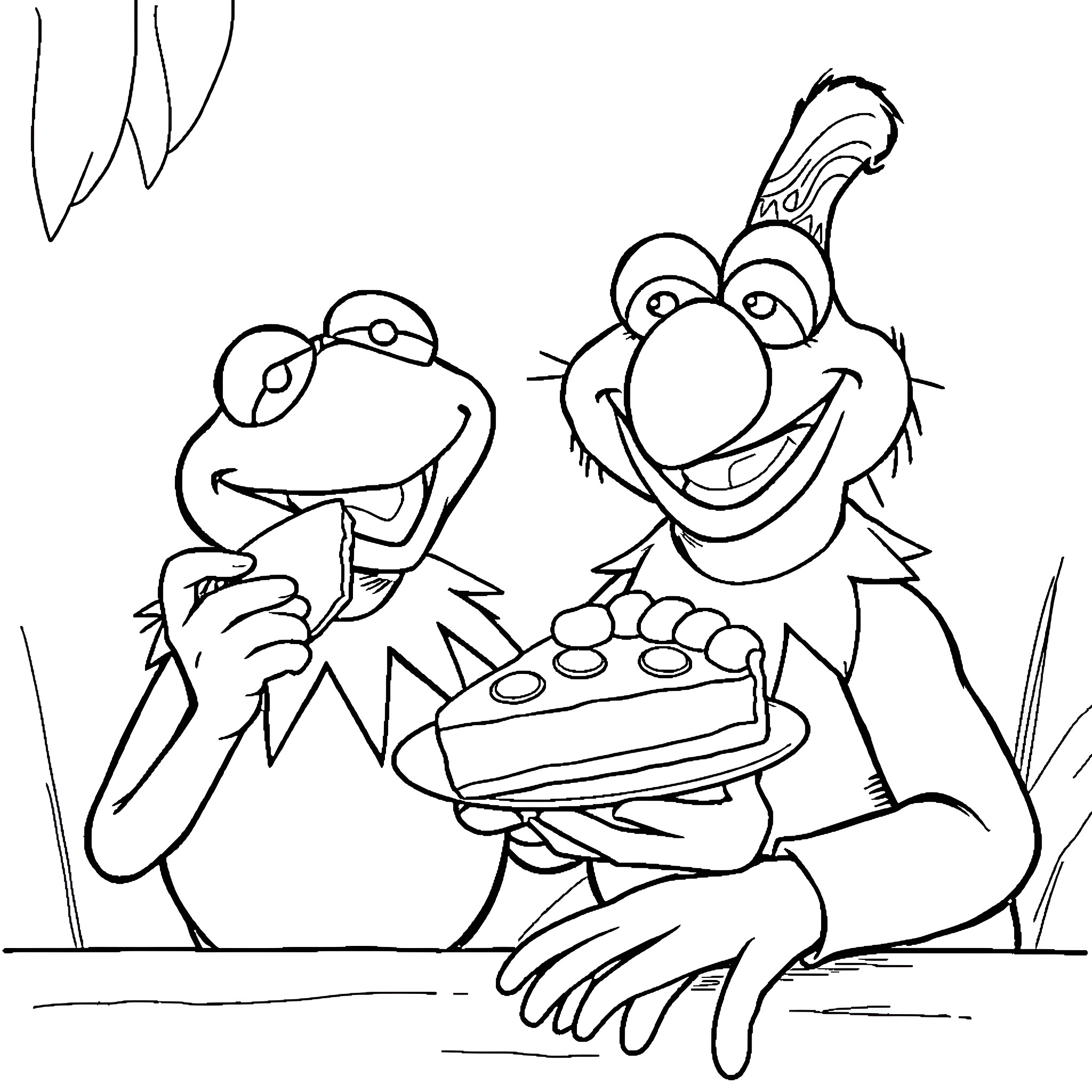 Kermit and Fozzie Sharing a Cake Coloring Page (free black-and-white line drawing printable PDF for all, from beginners to advanced learners, including children, teens, adults, and seniors)