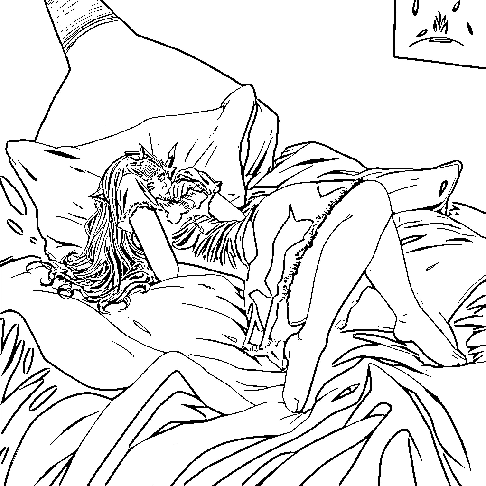 Goth Girl resting on her bed Coloring Page (free black-and-white line drawing printable PDF for all, from beginners to advanced learners, including children, teens, adults, and seniors)