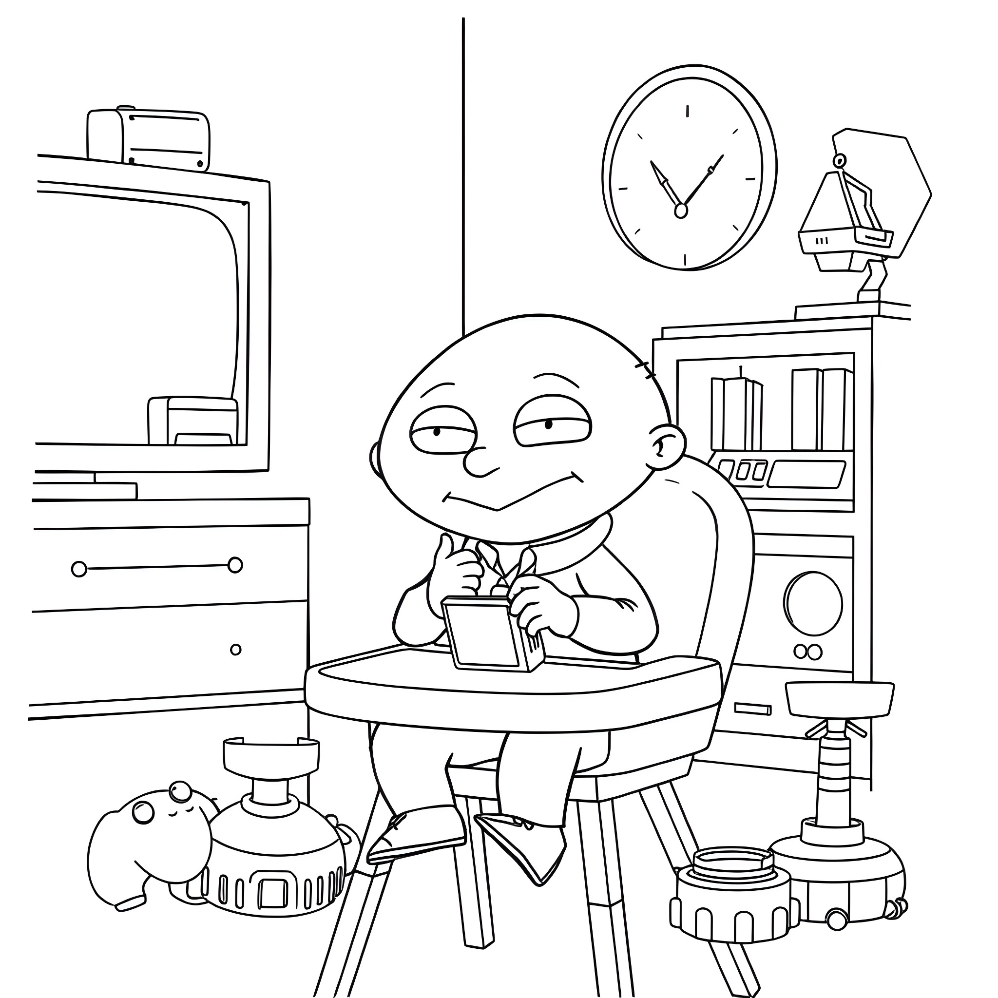 Stewie enjoying a cozy reading session in his home office Coloring Page (free black-and-white line drawing printable PDF for all, from beginners to advanced learners, including children, teens, adults, and seniors)