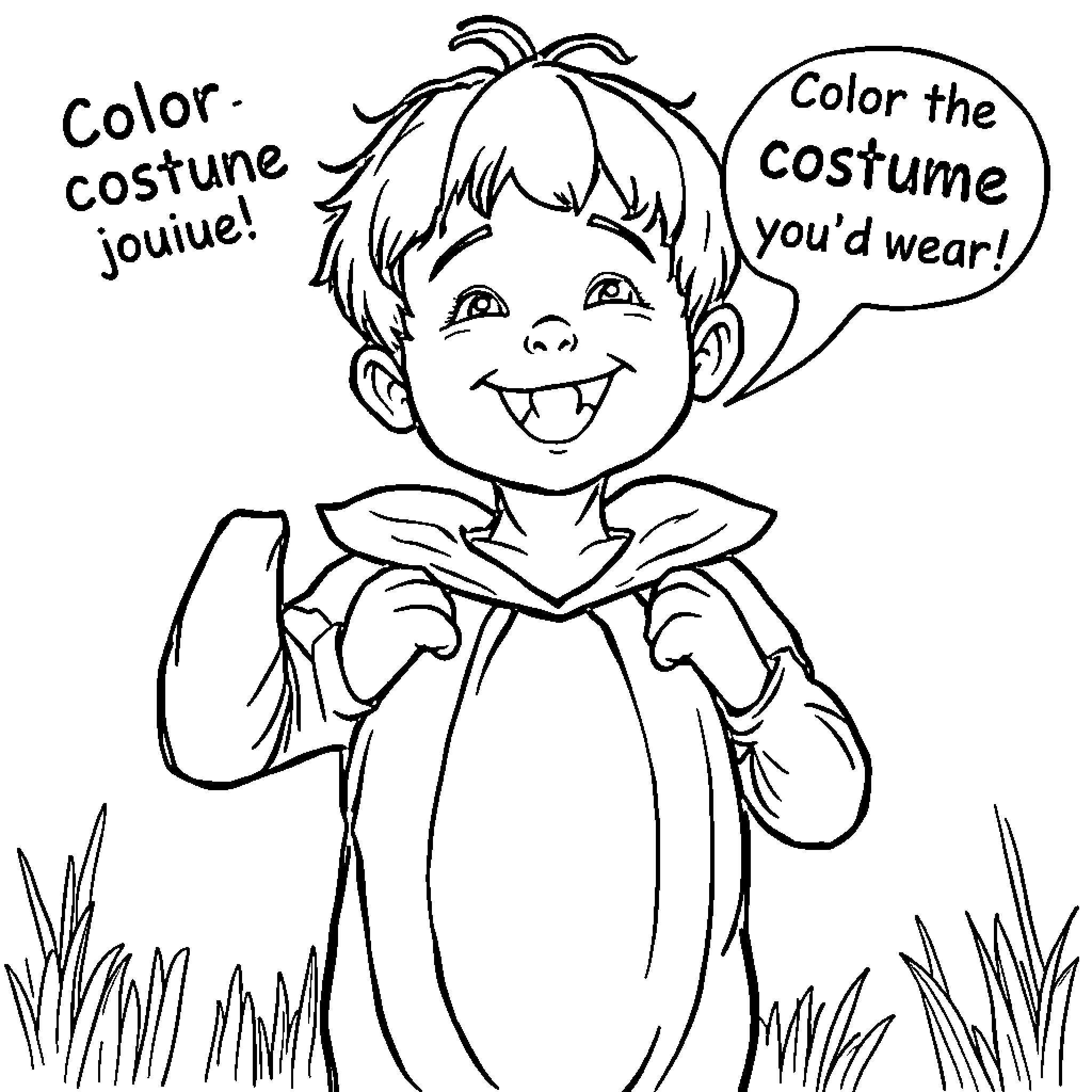 Child joyfully coloring a costume Coloring Page (free black-and-white line drawing printable PDF for all, from beginners to advanced learners, including children, teens, adults, and seniors)