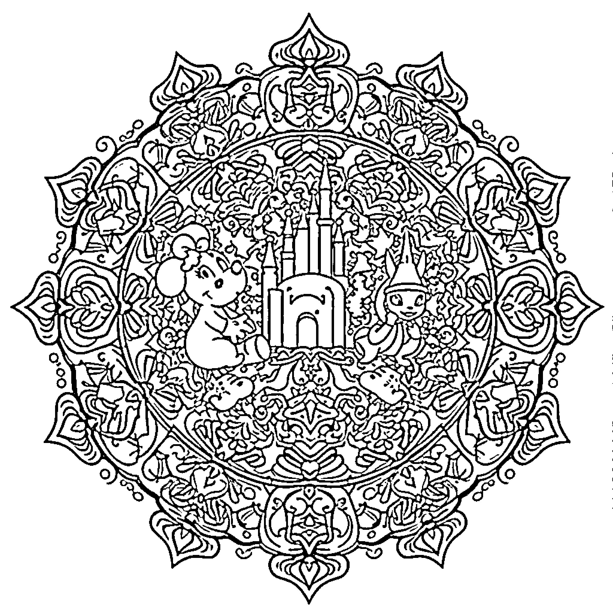 Disney Mandala with Whimsical Characters and Structures Coloring Page (free black-and-white line drawing printable PDF for all, from beginners to advanced learners, including children, teens, adults, and seniors)