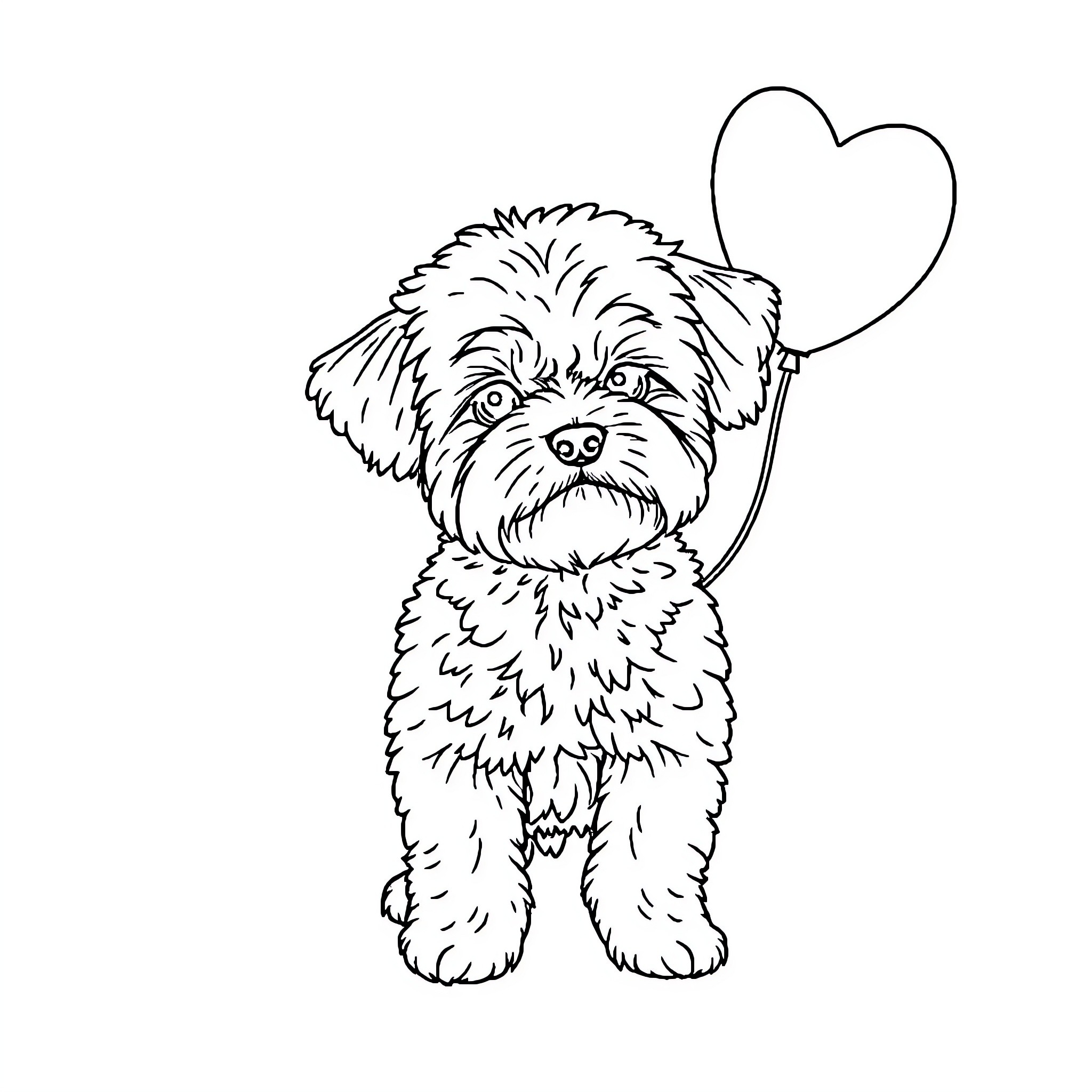 Maltipoo puppy holding heart-shaped balloon Coloring Page (free black-and-white line drawing printable PDF for all, from beginners to advanced learners, including children, teens, adults, and seniors)