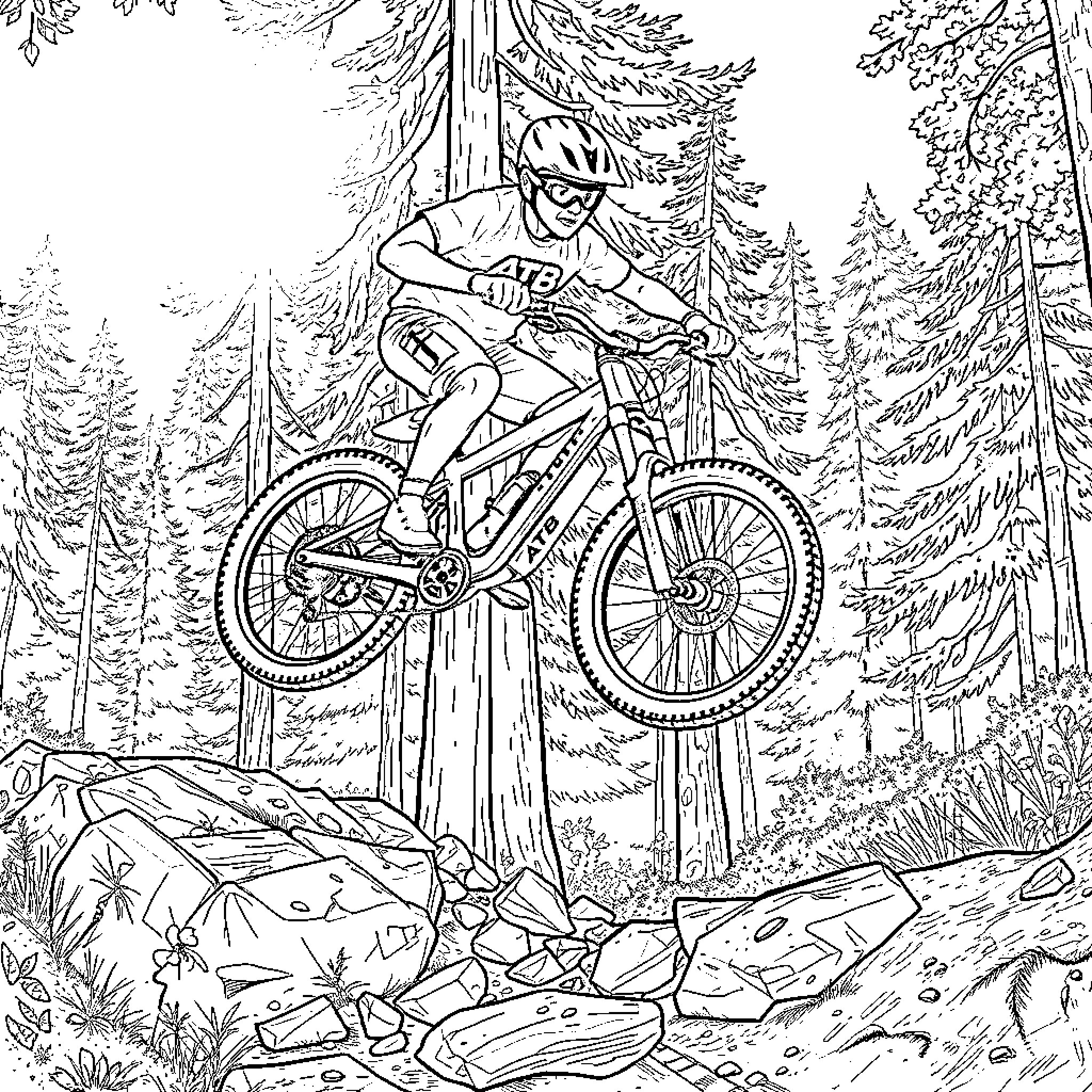 Mountain Biker navigating challenging trail through forest Coloring Page (free black-and-white line drawing printable PDF for all, from beginners to advanced learners, including children, teens, adults, and seniors)