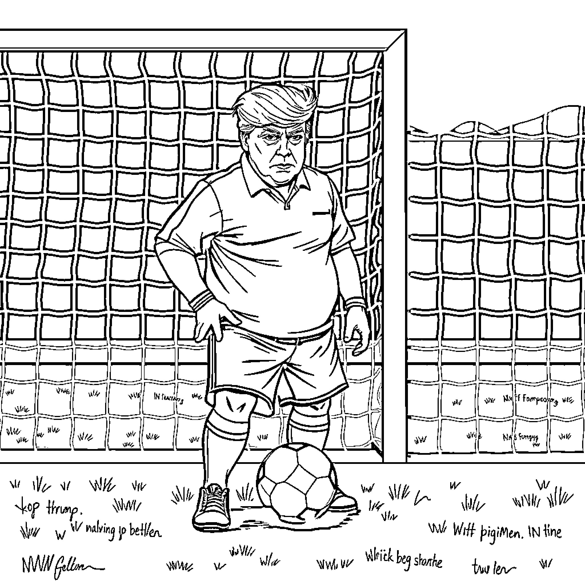 Trump playing soccer in a stadium Coloring Page (free black-and-white line drawing printable PDF for all, from beginners to advanced learners, including children, teens, adults, and seniors)