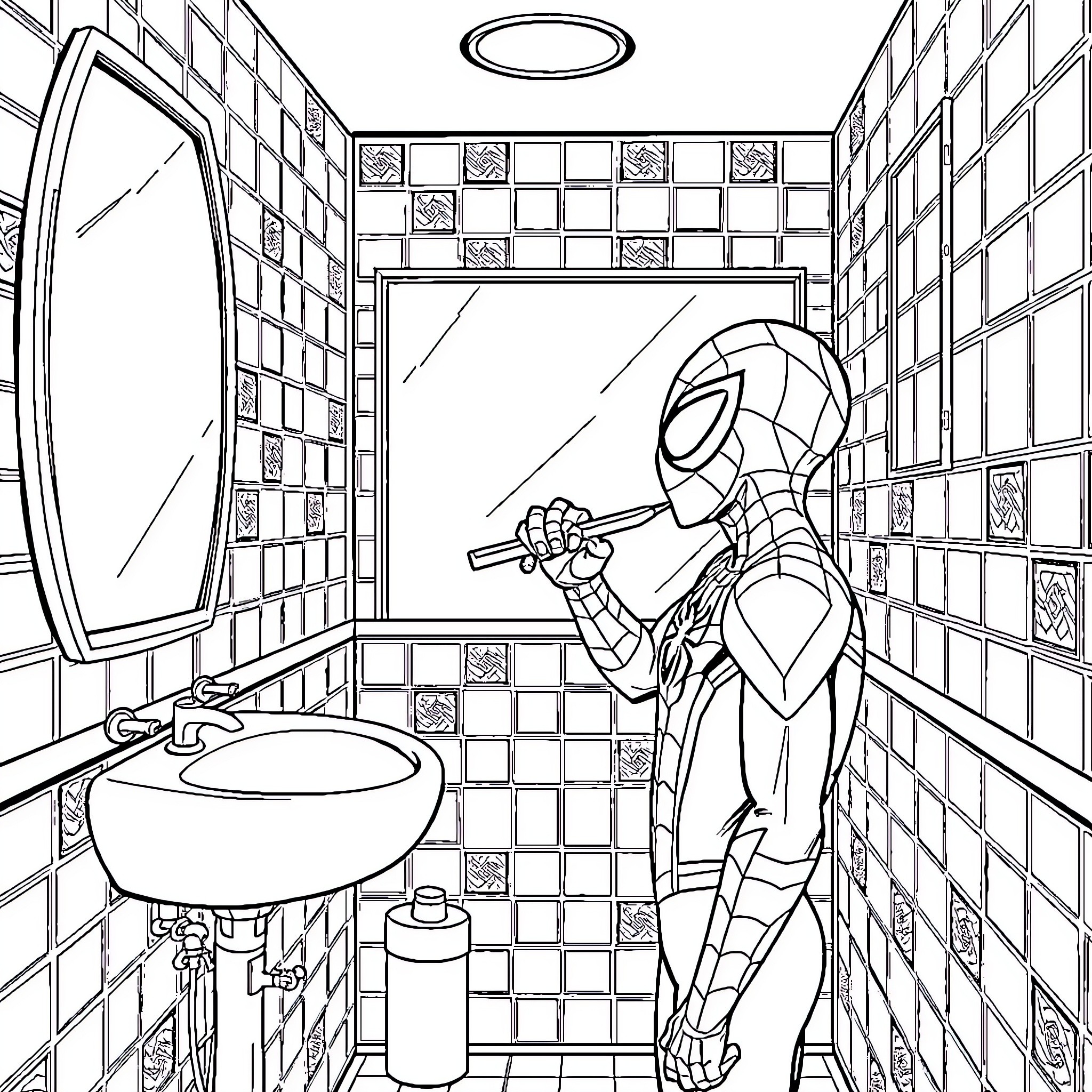 Spiderman exploring a bathroom in his suit Coloring Page (free black-and-white line drawing printable PDF for all, from beginners to advanced learners, including children, teens, adults, and seniors)