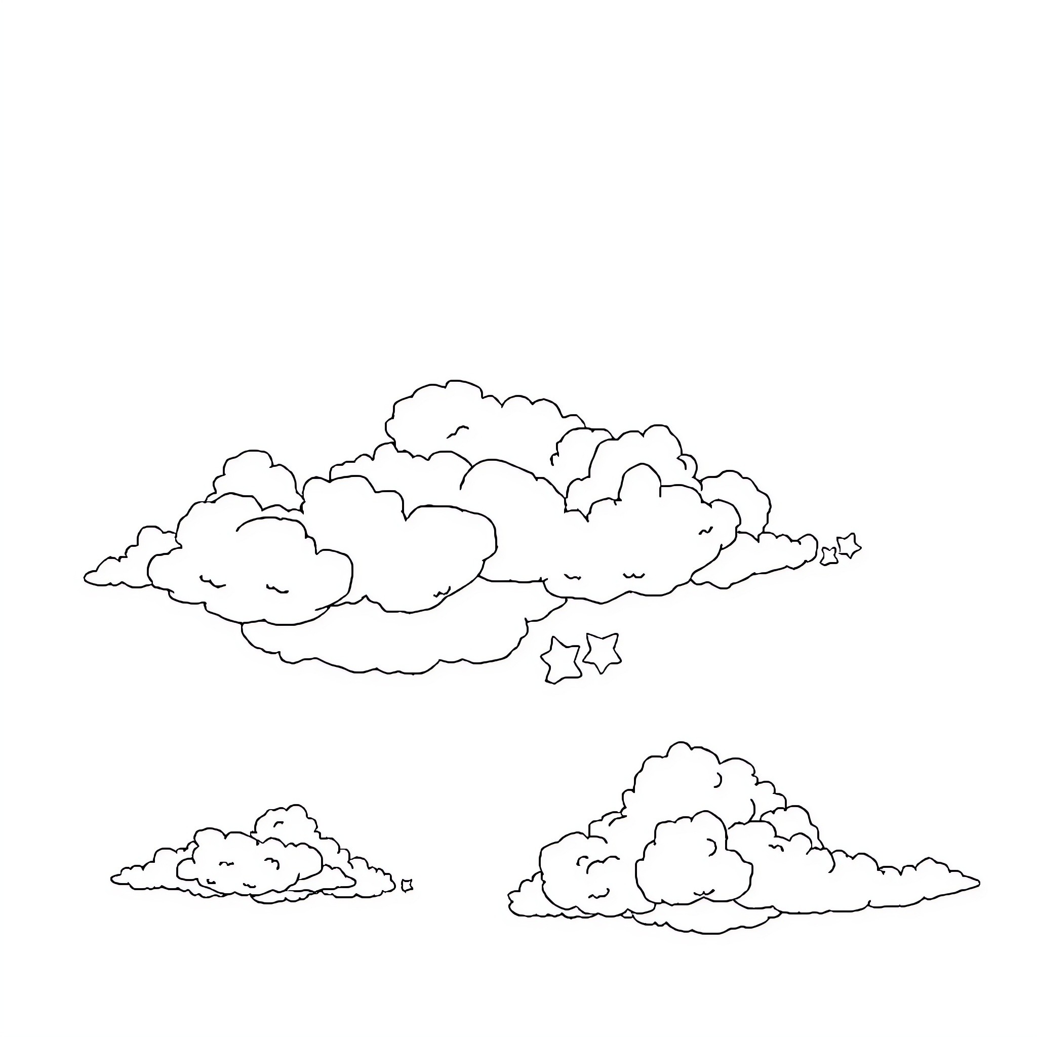 Stock Clouds with Stars Illustration Coloring Page (free black-and-white line drawing printable PDF for all, from beginners to advanced learners, including children, teens, adults, and seniors)