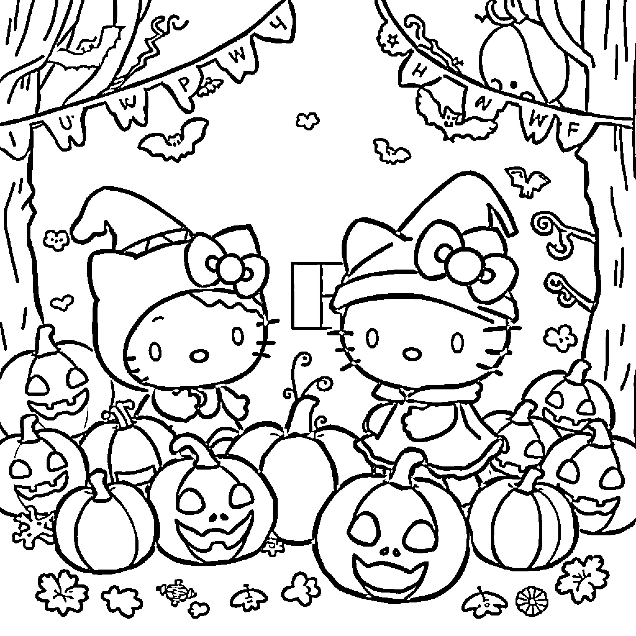 Sanrio Characters Celebrate Halloween with Pumpkins Coloring Page (free black-and-white line drawing printable PDF for all, from beginners to advanced learners, including children, teens, adults, and seniors)