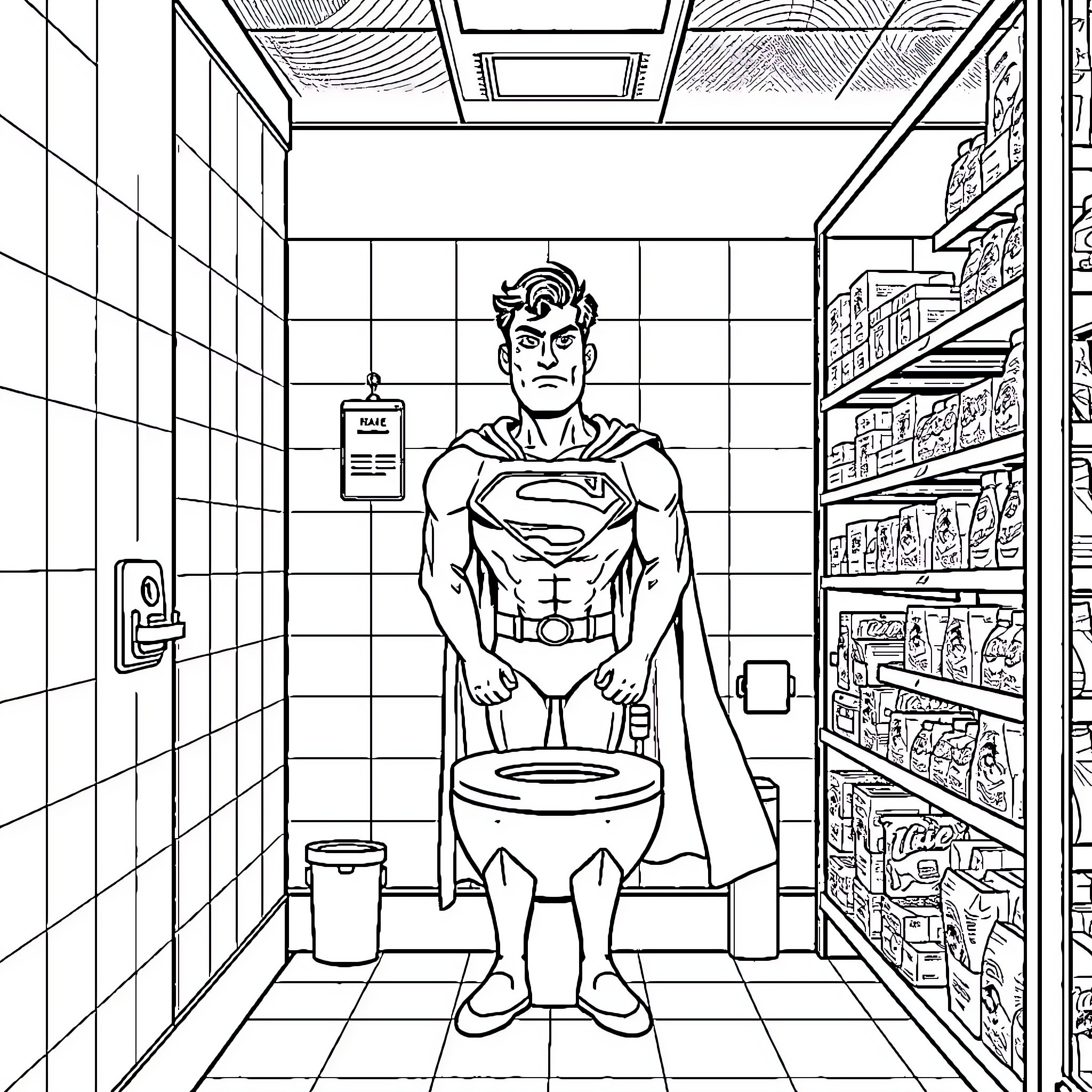 Superman Saves the Day in the Bathroom Coloring Page (free black-and-white line drawing printable PDF for all, from beginners to advanced learners, including children, teens, adults, and seniors)