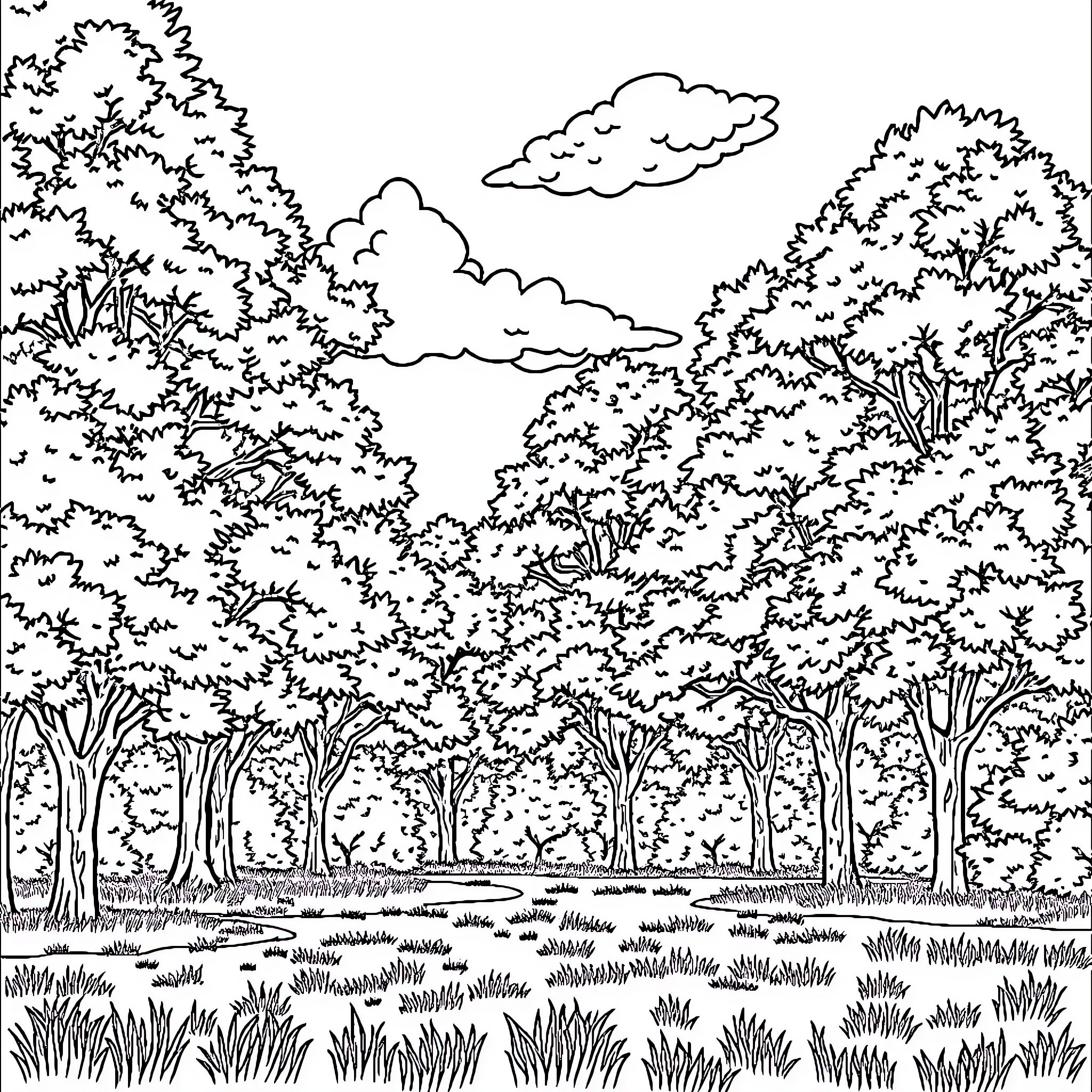 Green Day in the Forested Landscape Coloring Page (free black-and-white line drawing printable PDF for all, from beginners to advanced learners, including children, teens, adults, and seniors)
