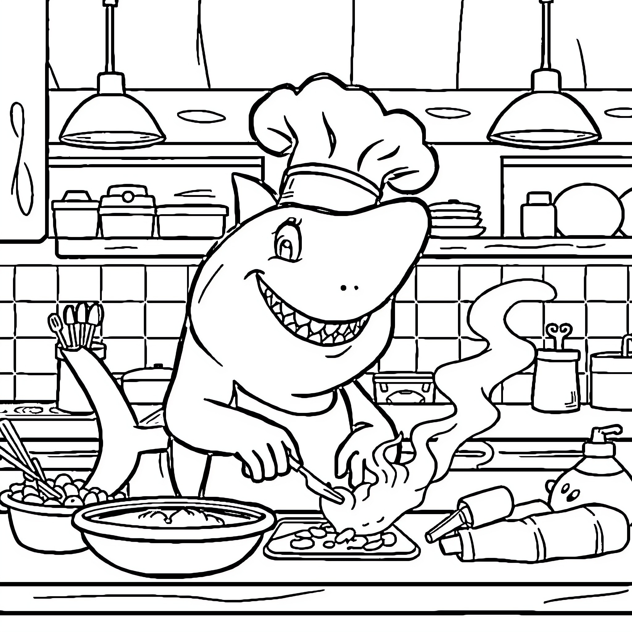 Shark Cooking in the Kitchen Coloring Page (free black-and-white line drawing printable PDF for all, from beginners to advanced learners, including children, teens, adults, and seniors)