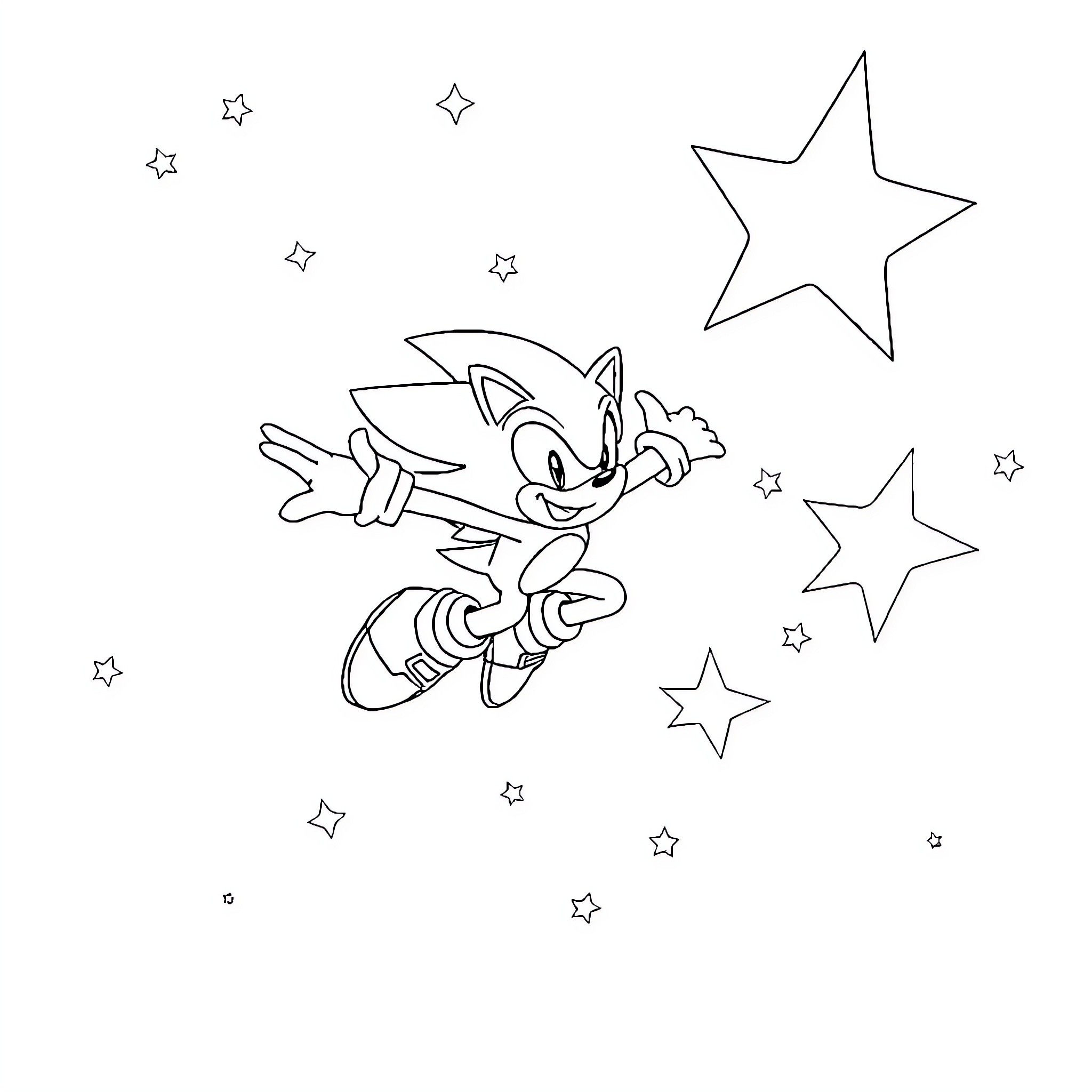 Sonic dashing through a starry night sky Coloring Page (free black-and-white line drawing printable PDF for all, from beginners to advanced learners, including children, teens, adults, and seniors)
