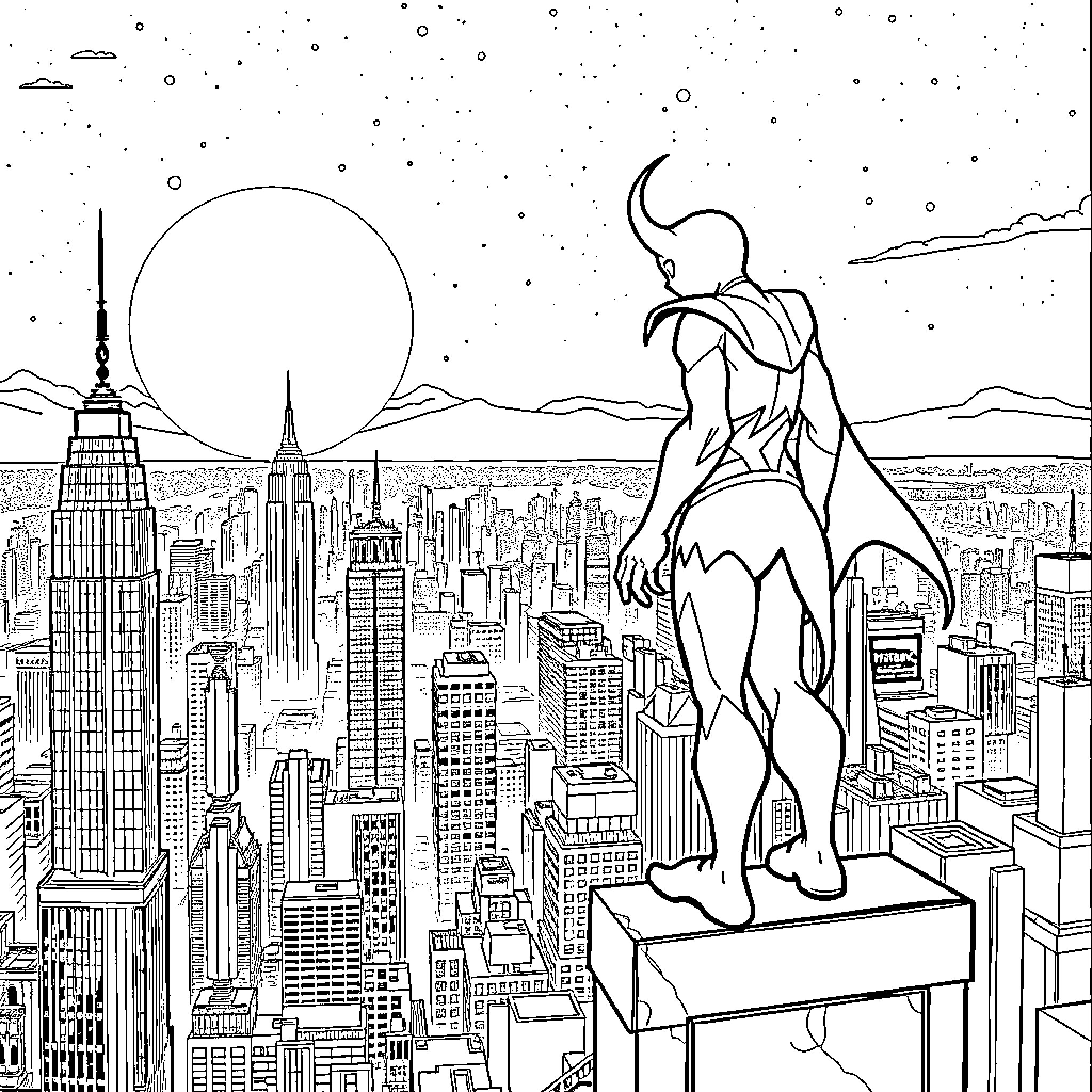 Spawn overlooking the city skyline at night Coloring Page (free black-and-white line drawing printable PDF for all, from beginners to advanced learners, including children, teens, adults, and seniors)
