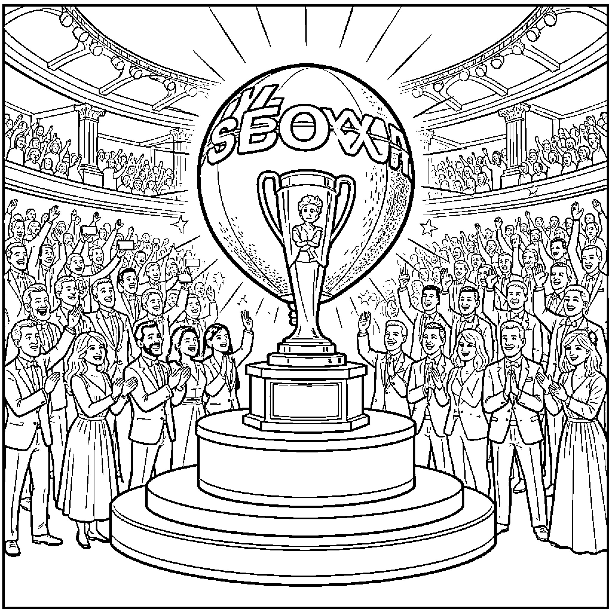 Ballon d'Or trophy presented amidst a cheering crowd Coloring Page (free black-and-white line drawing printable PDF for all, from beginners to advanced learners, including children, teens, adults, and seniors)