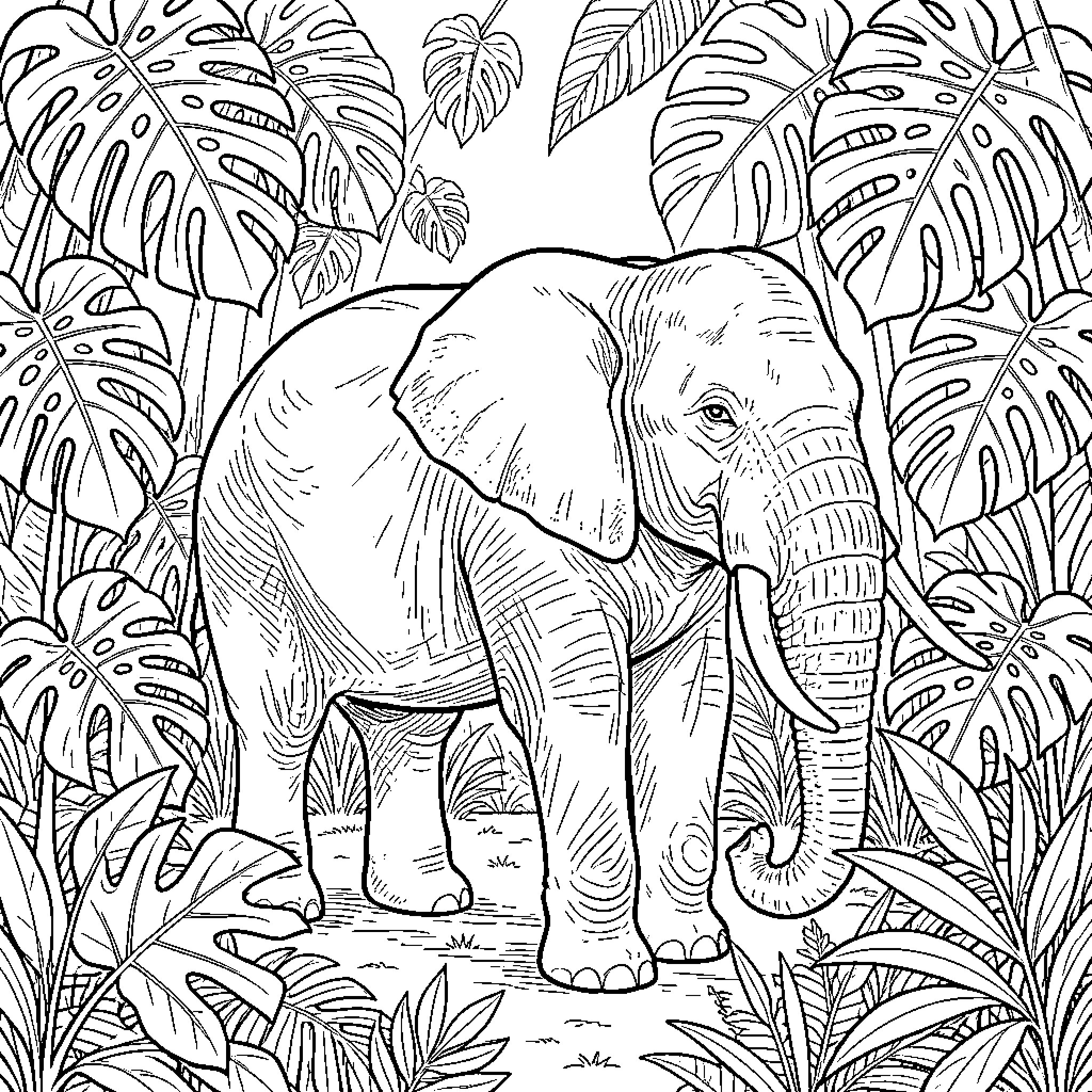 Elephant exploring the lush jungle foliage Coloring Page (free black-and-white line drawing printable PDF for all, from beginners to advanced learners, including children, teens, adults, and seniors)