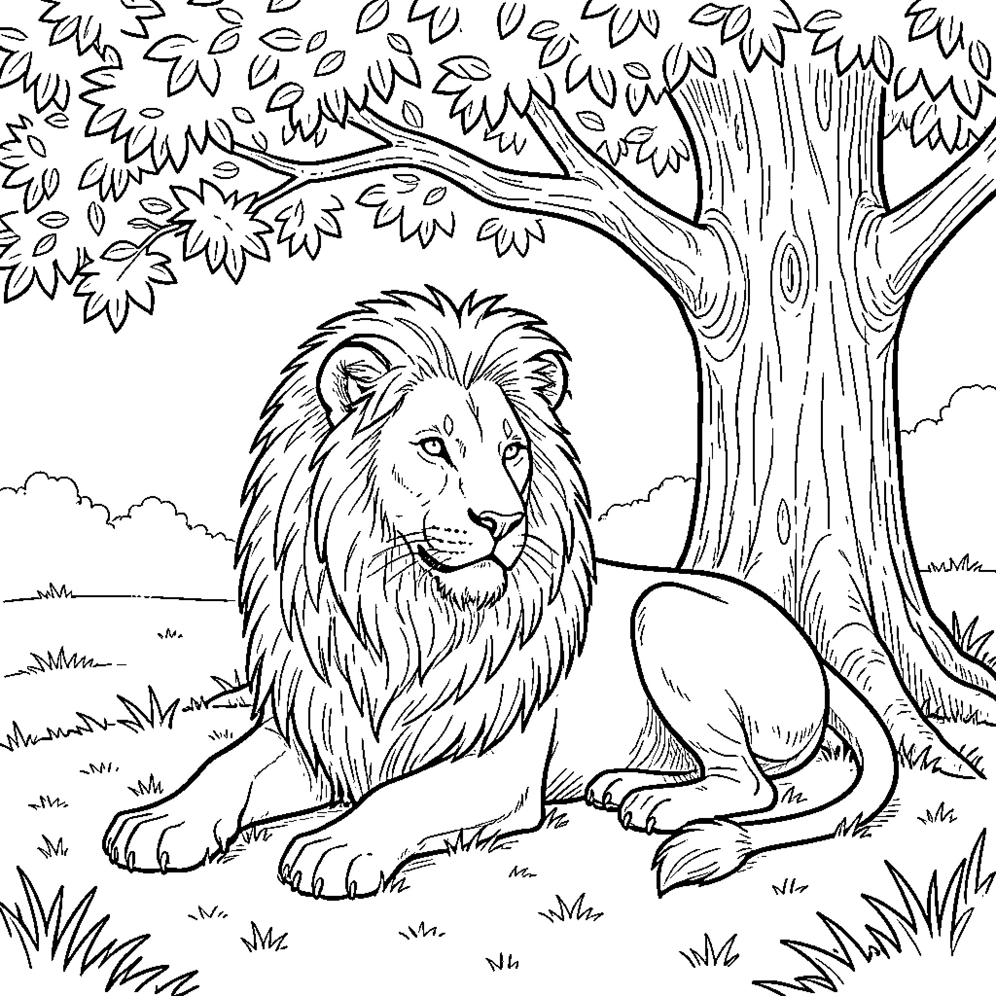 Lion resting in a serene forest landscape Coloring Page (free black-and-white line drawing printable PDF for all, from beginners to advanced learners, including children, teens, adults, and seniors)