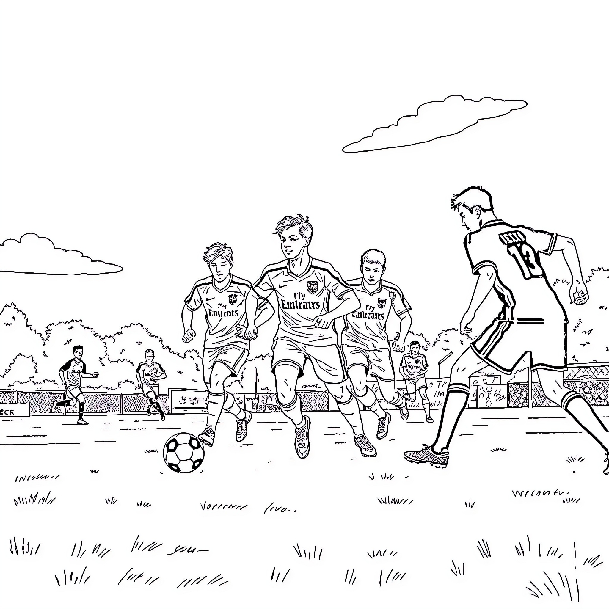 Soccer players in action on the field Coloring Page (free black-and-white line drawing printable PDF for all, from beginners to advanced learners, including children, teens, adults, and seniors)