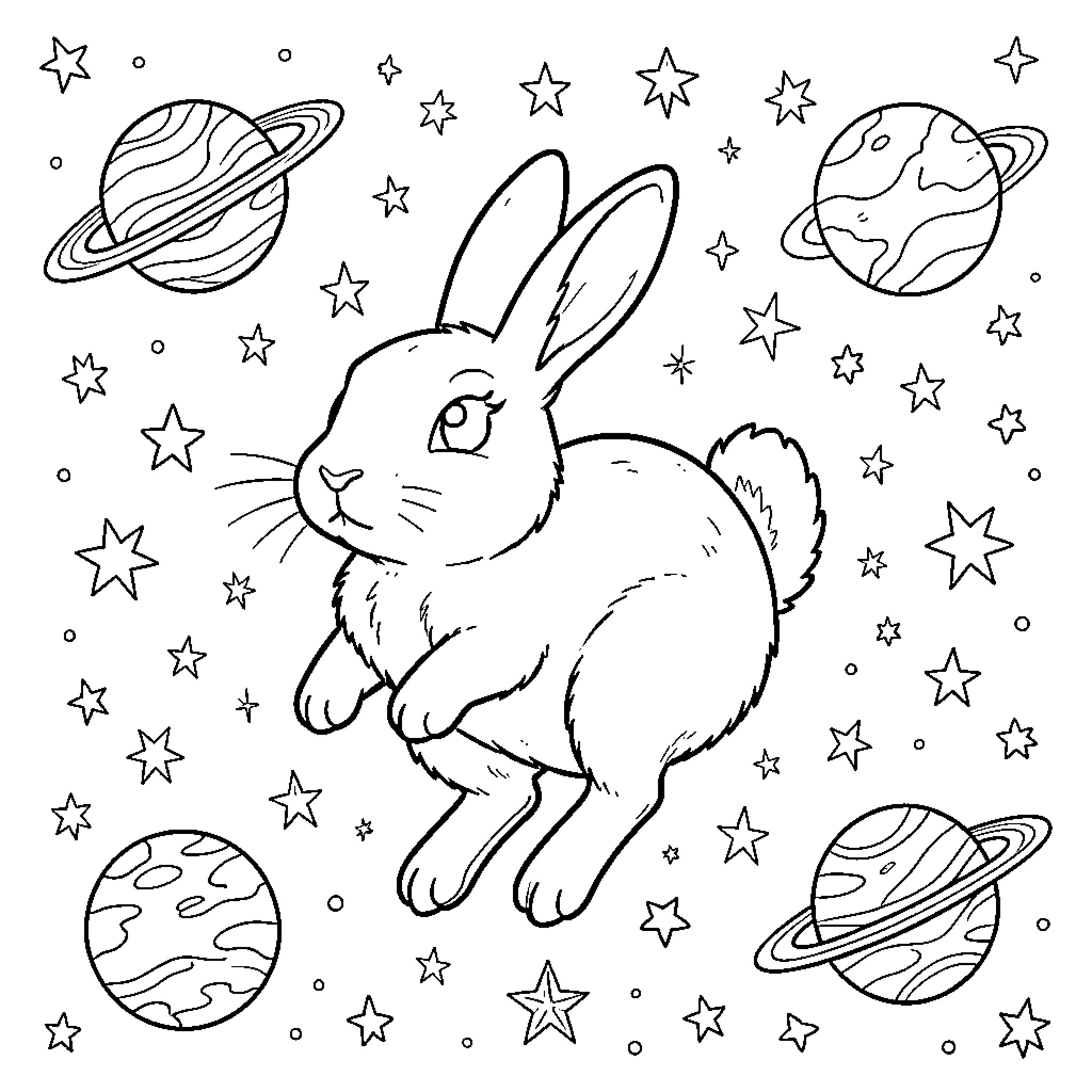 Rabbit exploring the starry universe Coloring Page (free black-and-white line drawing printable PDF for all, from beginners to advanced learners, including children, teens, adults, and seniors)