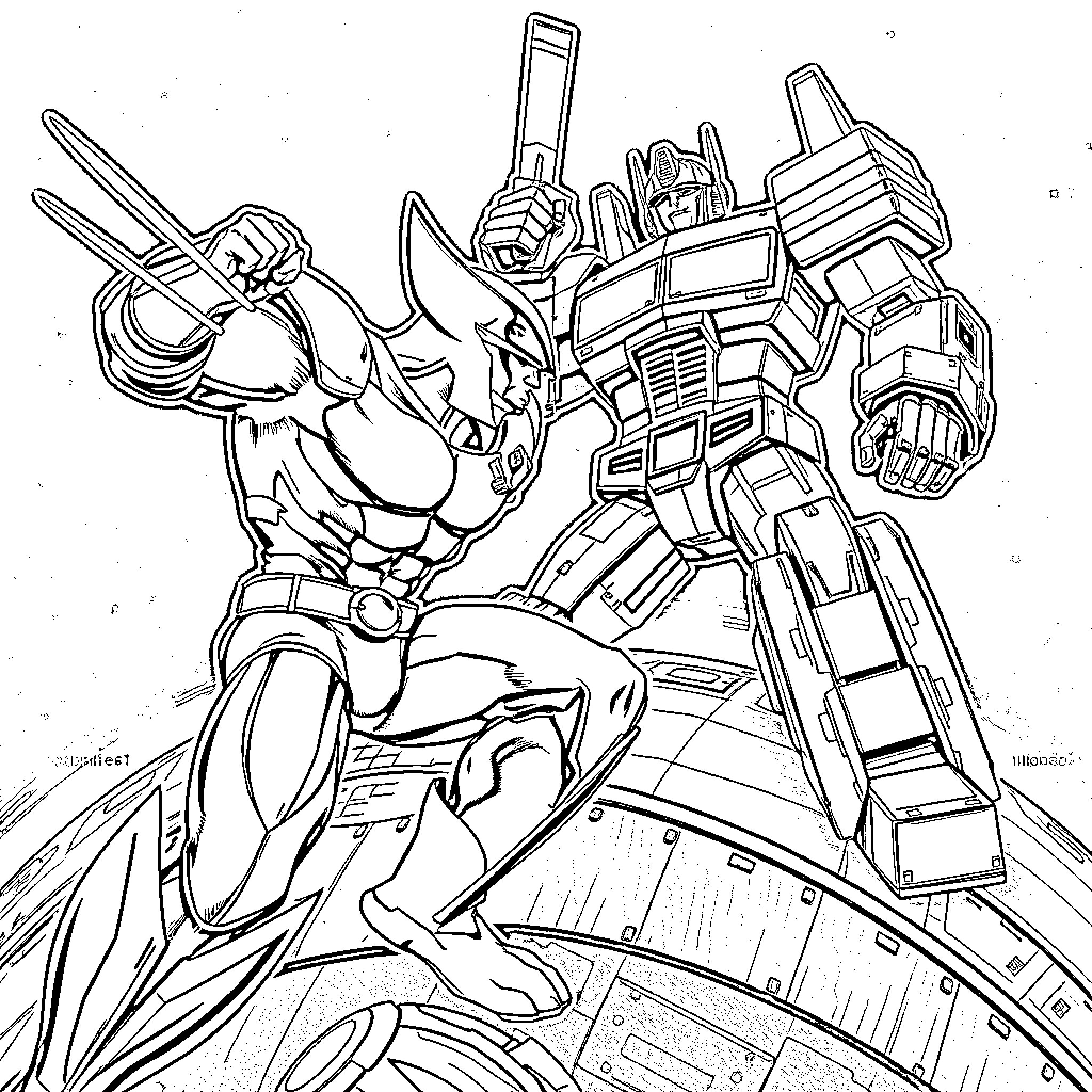 Wolverine battling an imposing robotic figure Coloring Page (free black-and-white line drawing printable PDF for all, from beginners to advanced learners, including children, teens, adults, and seniors)