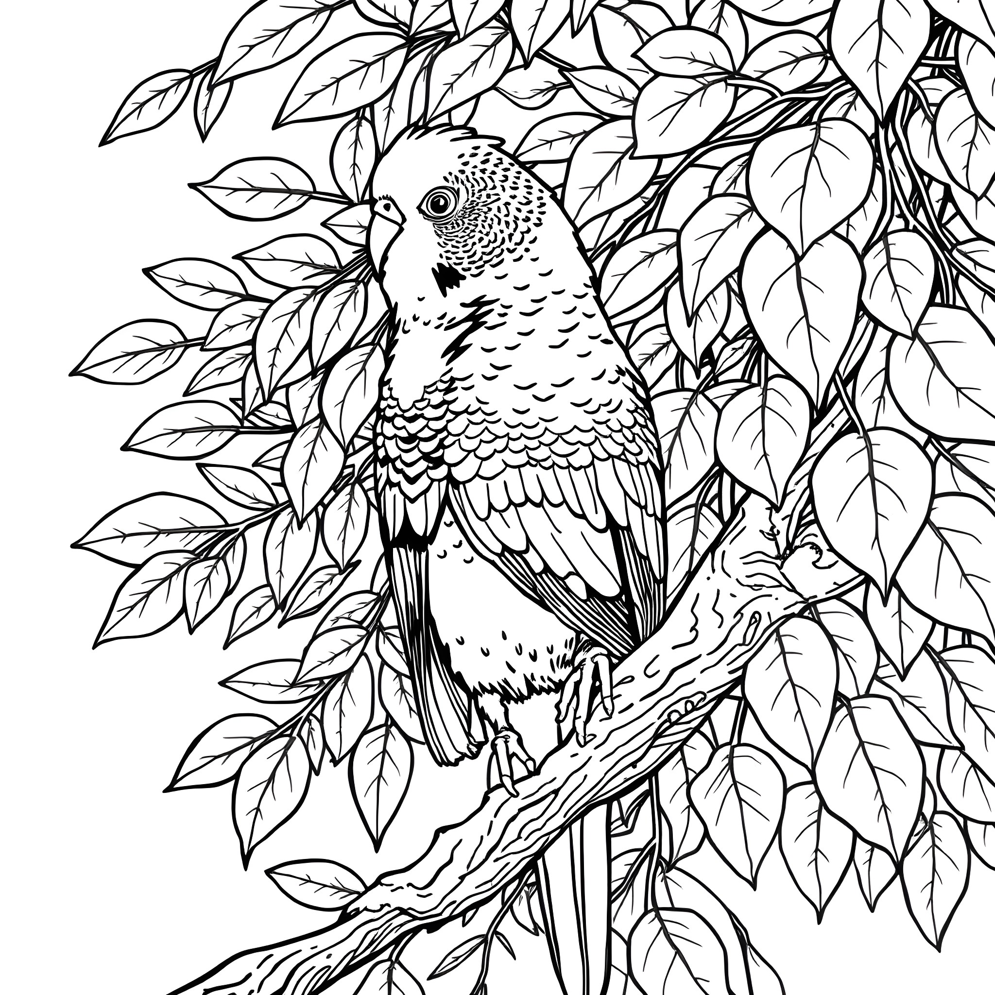 Budgerigar resting peacefully among lush foliage Coloring Page (free black-and-white line drawing printable PDF for all, from beginners to advanced learners, including children, teens, adults, and seniors)