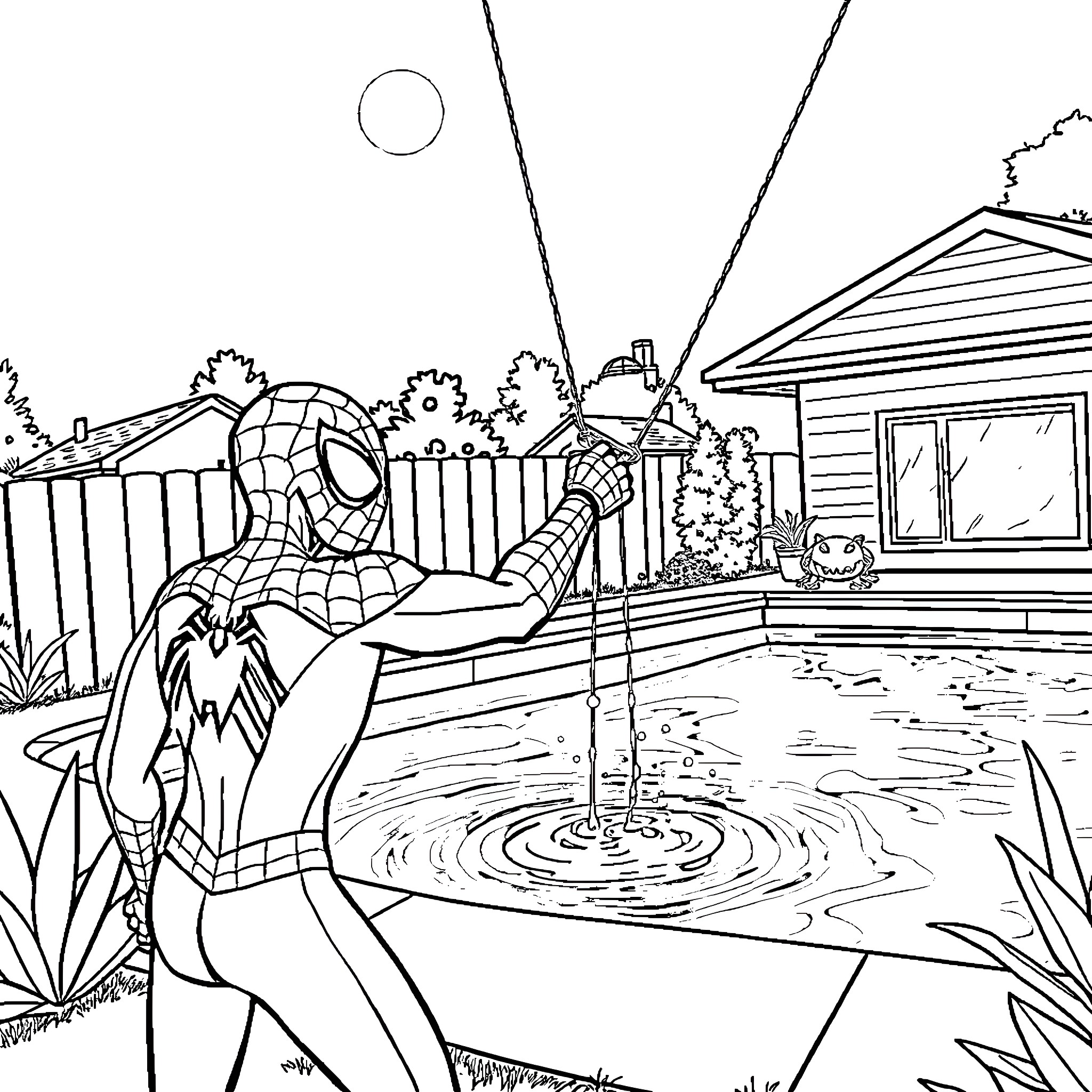 Spider-Man swinging through a neighborhood Coloring Page (free black-and-white line drawing printable PDF for all, from beginners to advanced learners, including children, teens, adults, and seniors)