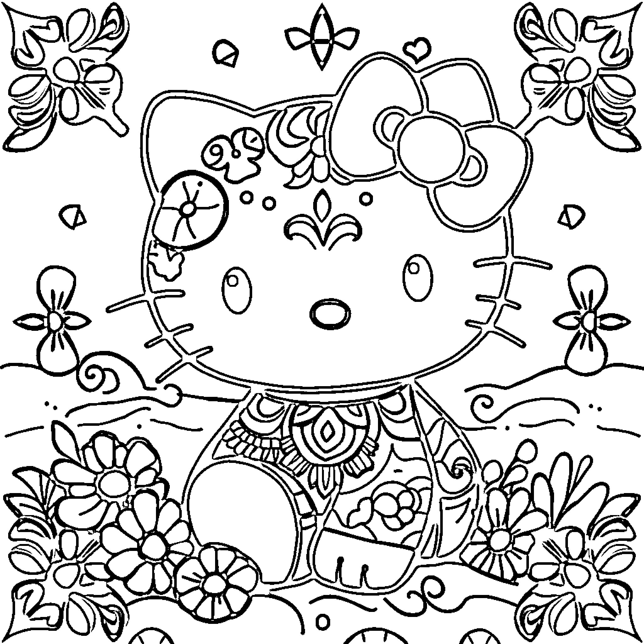 Hello Kitty Doodle with Floral Elements Coloring Page (free black-and-white line drawing printable PDF for all, from beginners to advanced learners, including children, teens, adults, and seniors)