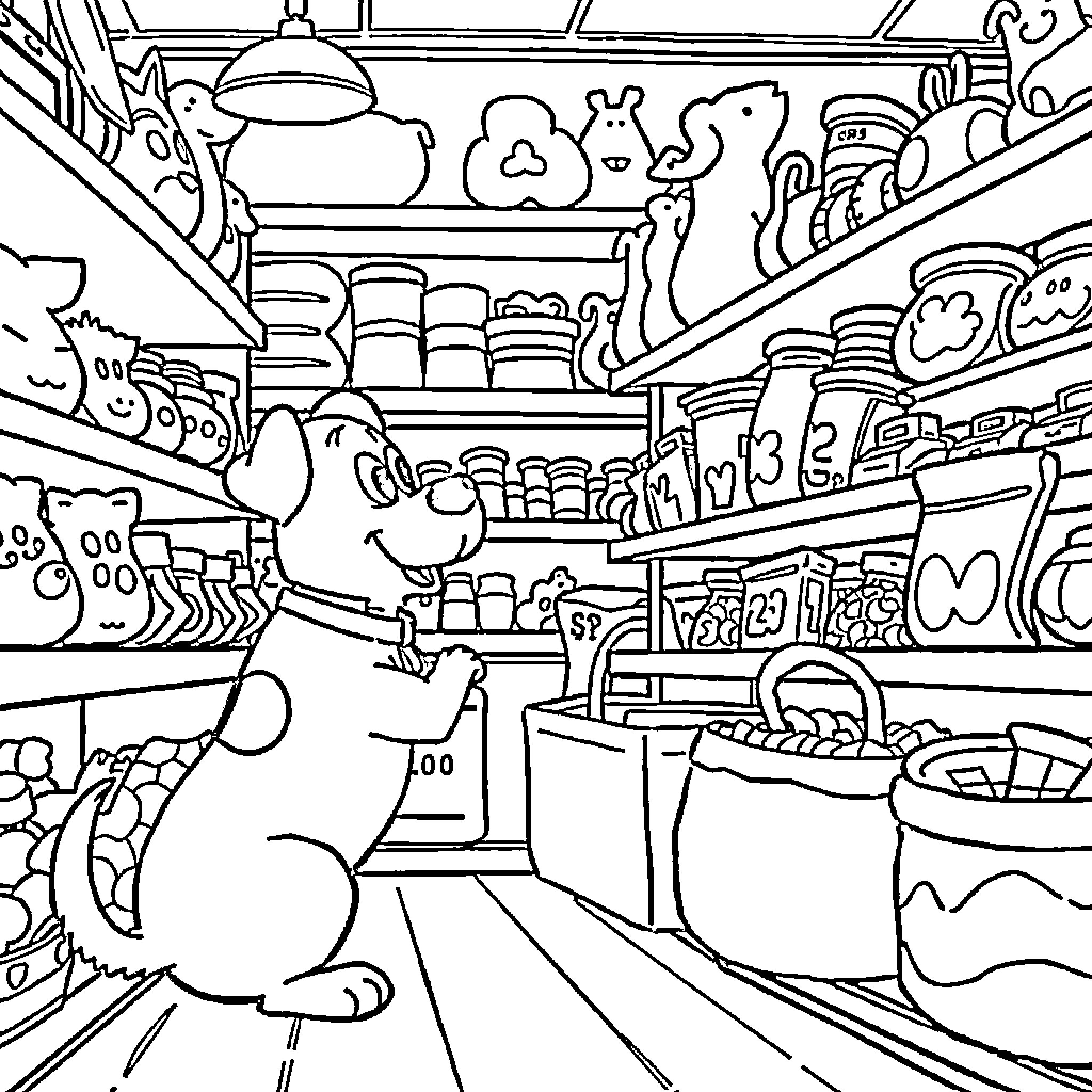 Dog exploring a busy grocery store Coloring Page (free black-and-white line drawing printable PDF for all, from beginners to advanced learners, including children, teens, adults, and seniors)