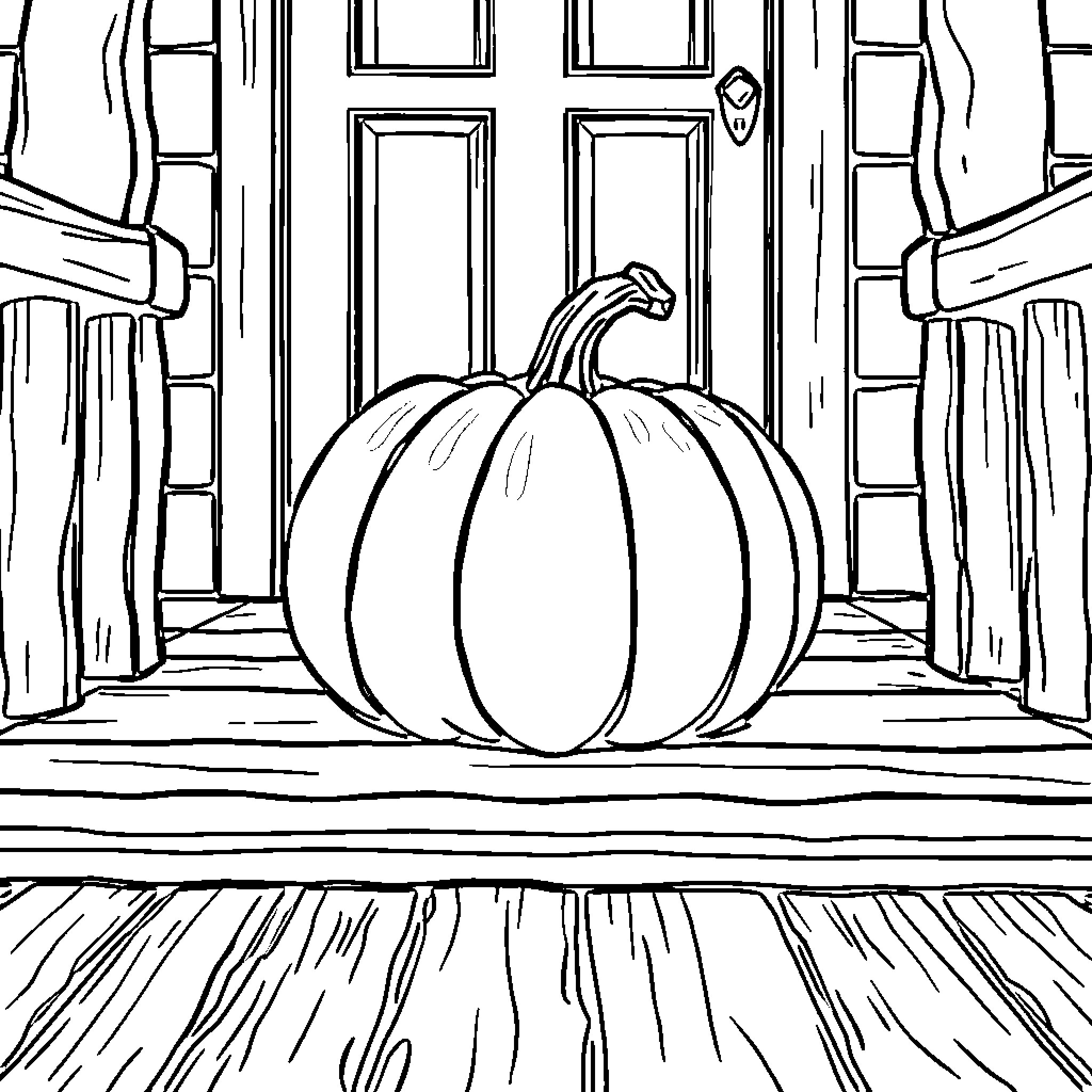 Pumpkin decorating a front porch Coloring Page (free black-and-white line drawing printable PDF for all, from beginners to advanced learners, including children, teens, adults, and seniors)