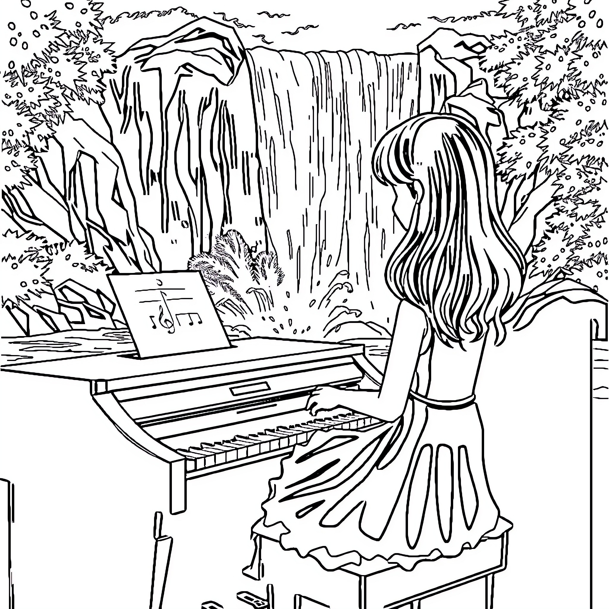 Girl playing piano by the waterfall Coloring Page (free black-and-white line drawing printable PDF for all, from beginners to advanced learners, including children, teens, adults, and seniors)