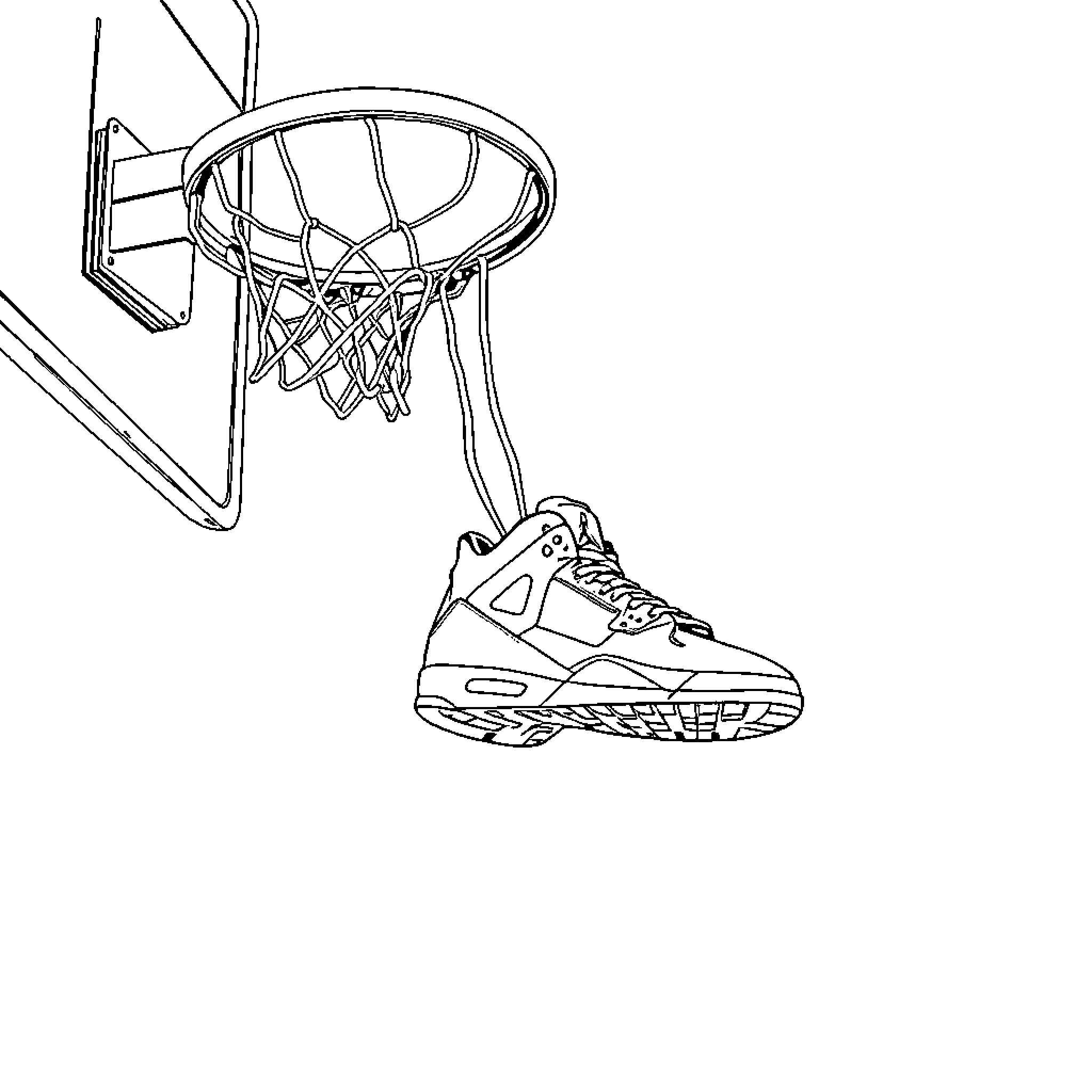 Jordan 4 Dunking Basketball on Hoop Coloring Page (free black-and-white line drawing printable PDF for all, from beginners to advanced learners, including children, teens, adults, and seniors)
