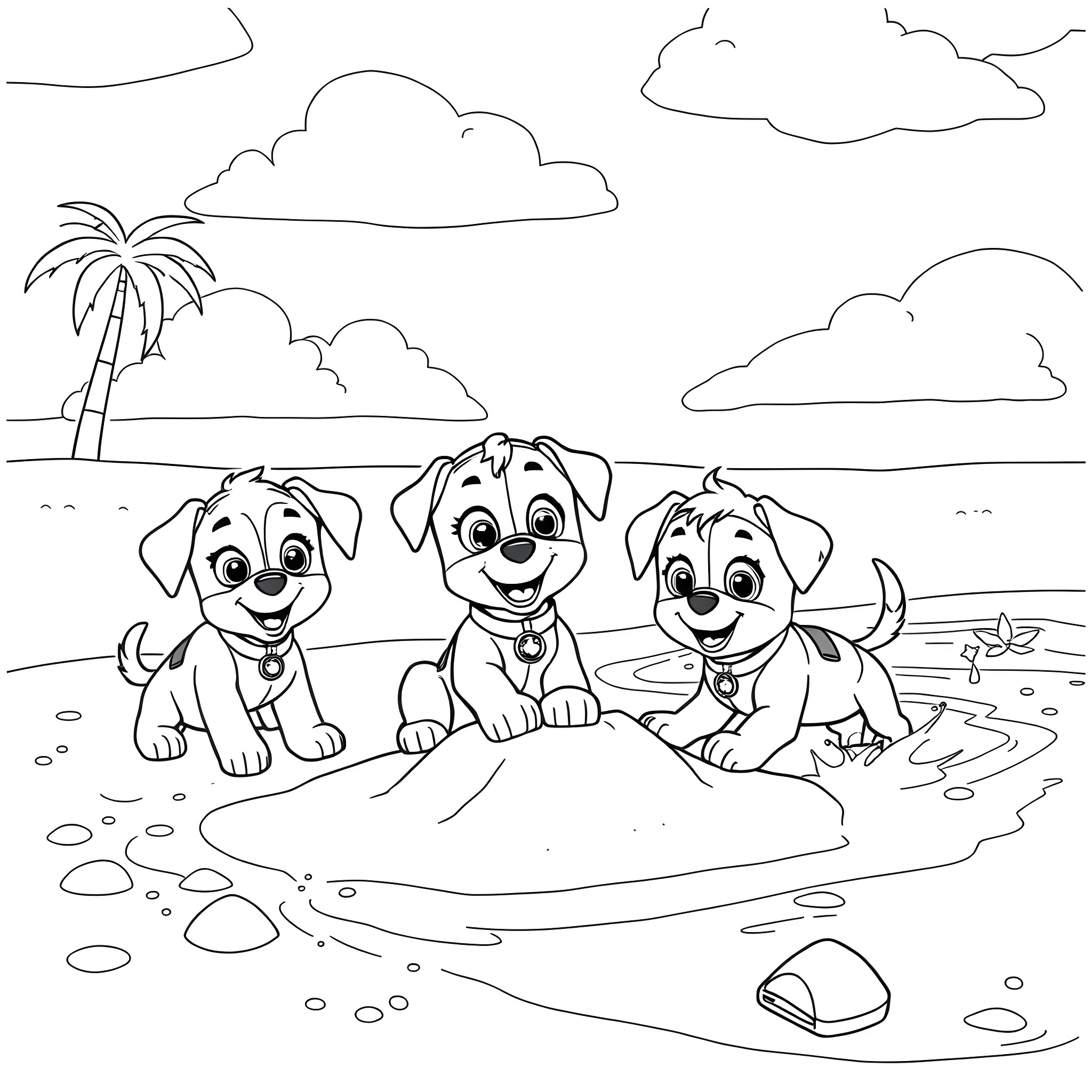 Paw Patrol puppies playing on the beach Coloring Page (free black-and-white line drawing printable PDF for all, from beginners to advanced learners, including children, teens, adults, and seniors)