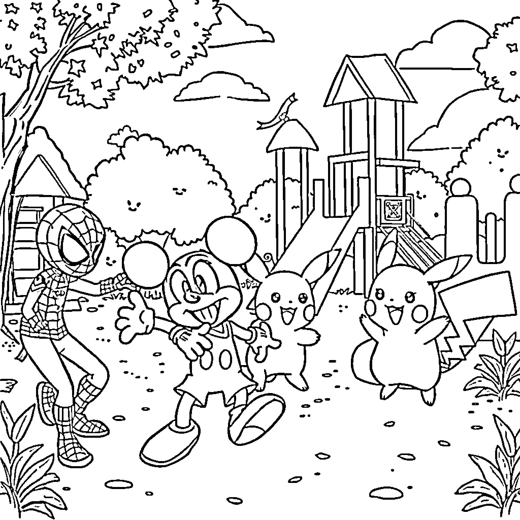Character Enjoying Playground in Whimsical Landscape Coloring Page (free black-and-white line drawing printable PDF for all, from beginners to advanced learners, including children, teens, adults, and seniors)