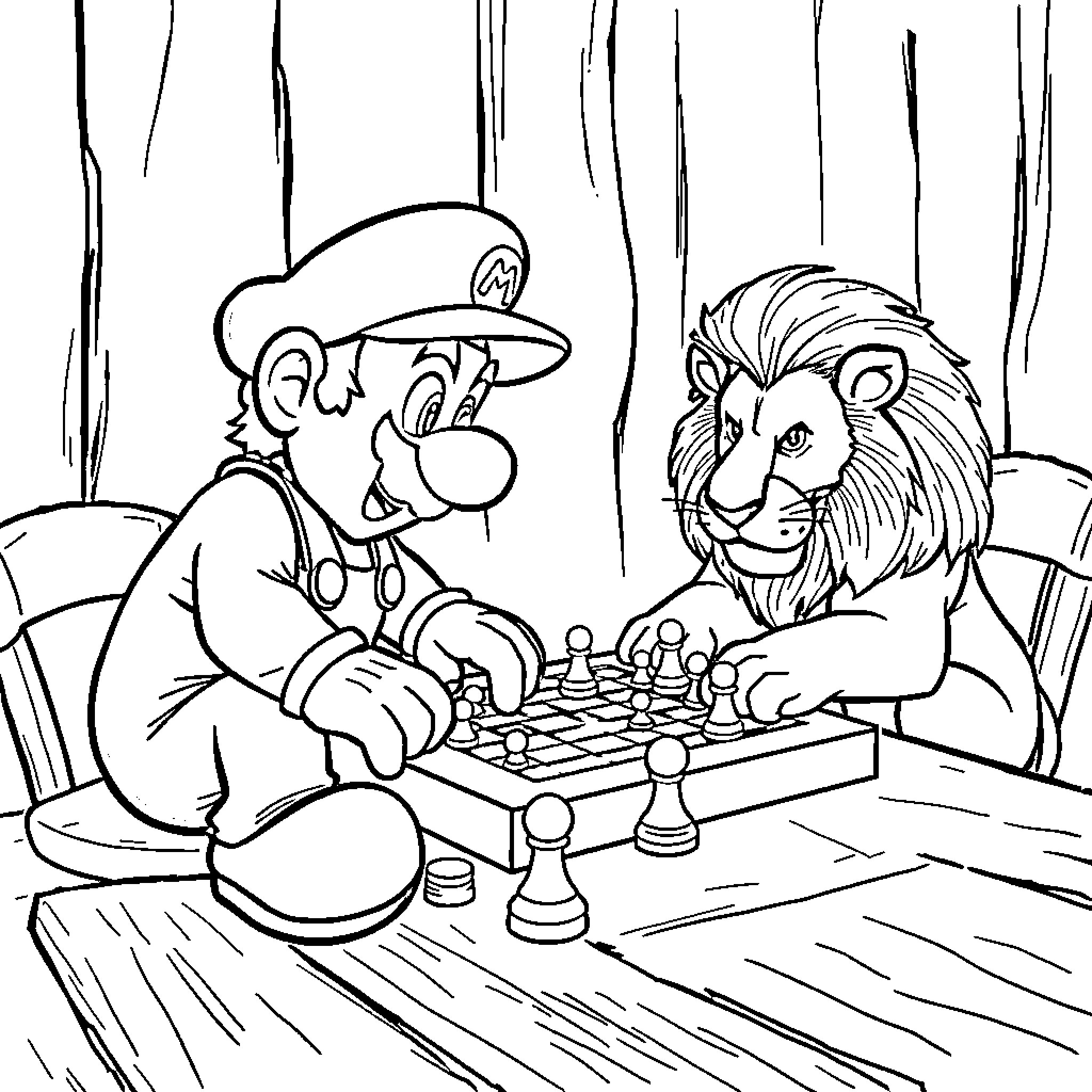 Mario playing chess with a lion in the forest Coloring Page (free black-and-white line drawing printable PDF for all, from beginners to advanced learners, including children, teens, adults, and seniors)