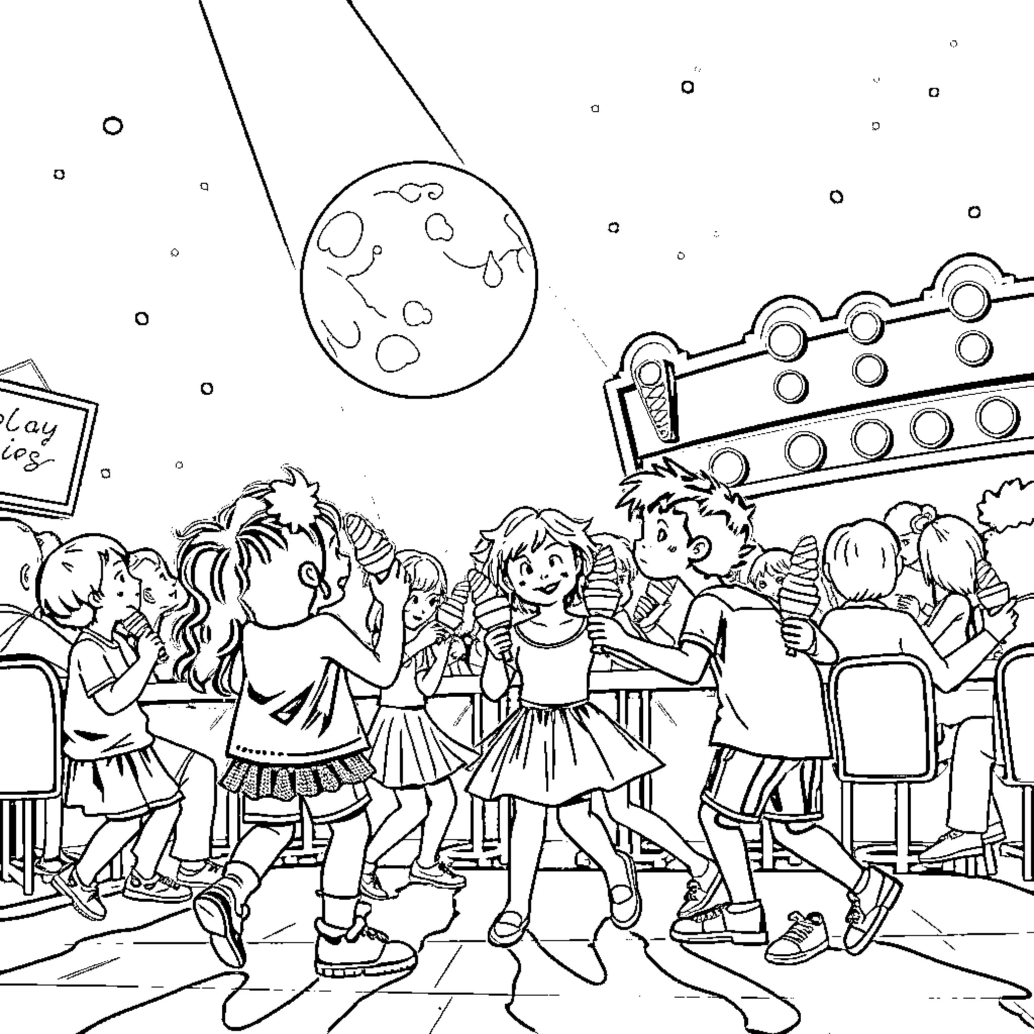Ice Cream Party Under the Stars Coloring Page (free black-and-white line drawing printable PDF for all, from beginners to advanced learners, including children, teens, adults, and seniors)
