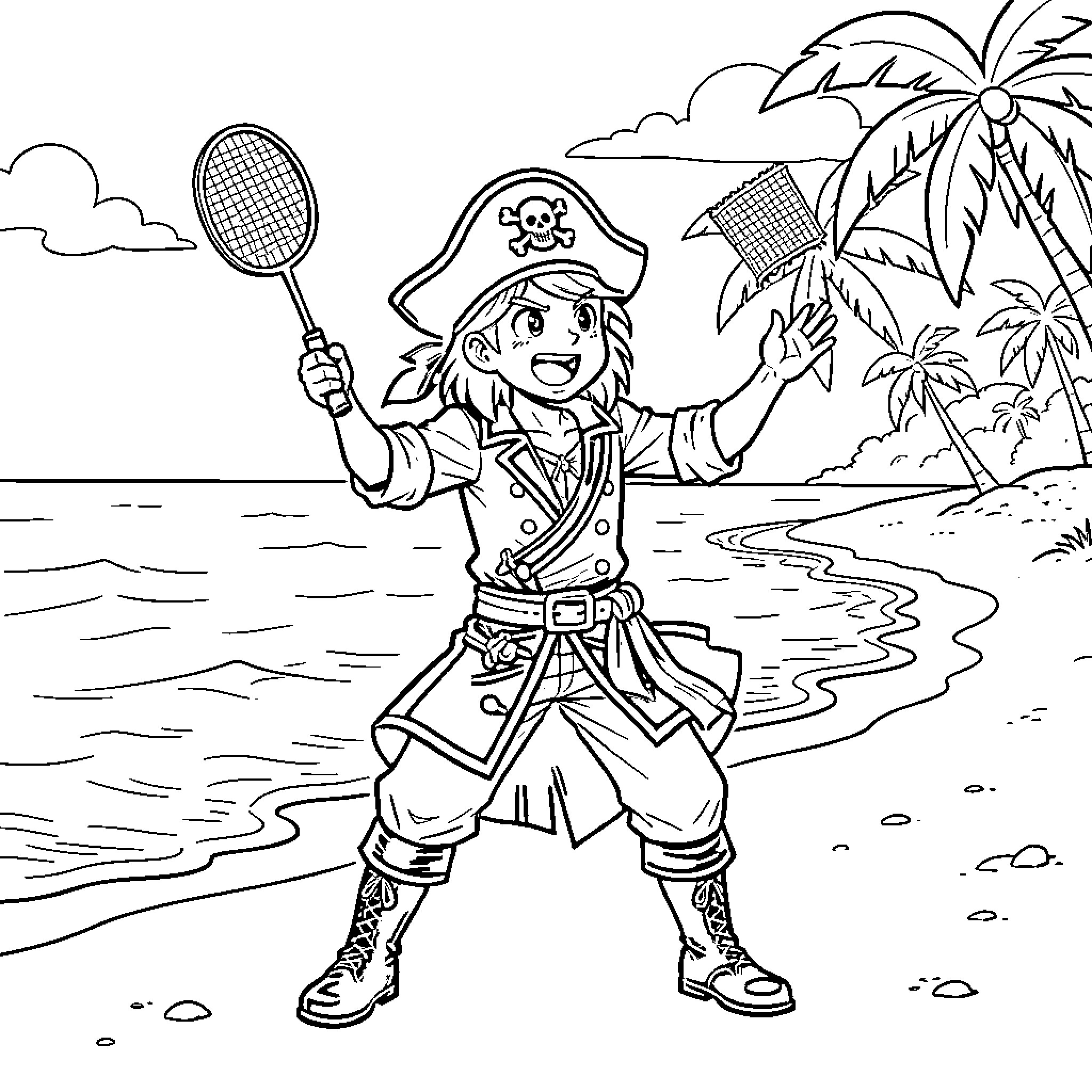 Sakamain pirate character playing badminton on a beach Coloring Page (free black-and-white line drawing printable PDF for all, from beginners to advanced learners, including children, teens, adults, and seniors)