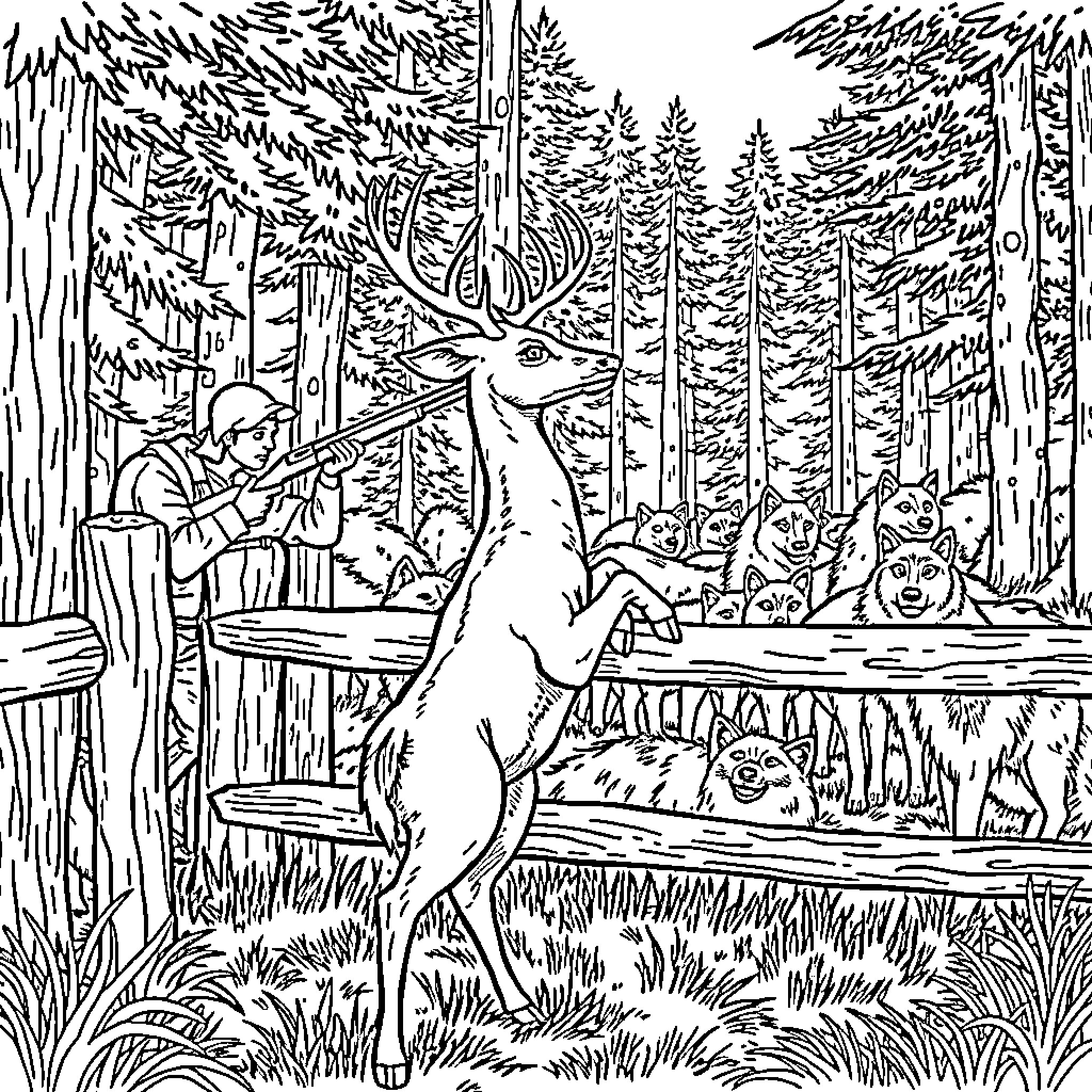 Deer standing in the wilderness surrounded by animals Coloring Page (free black-and-white line drawing printable PDF for all, from beginners to advanced learners, including children, teens, adults, and seniors)