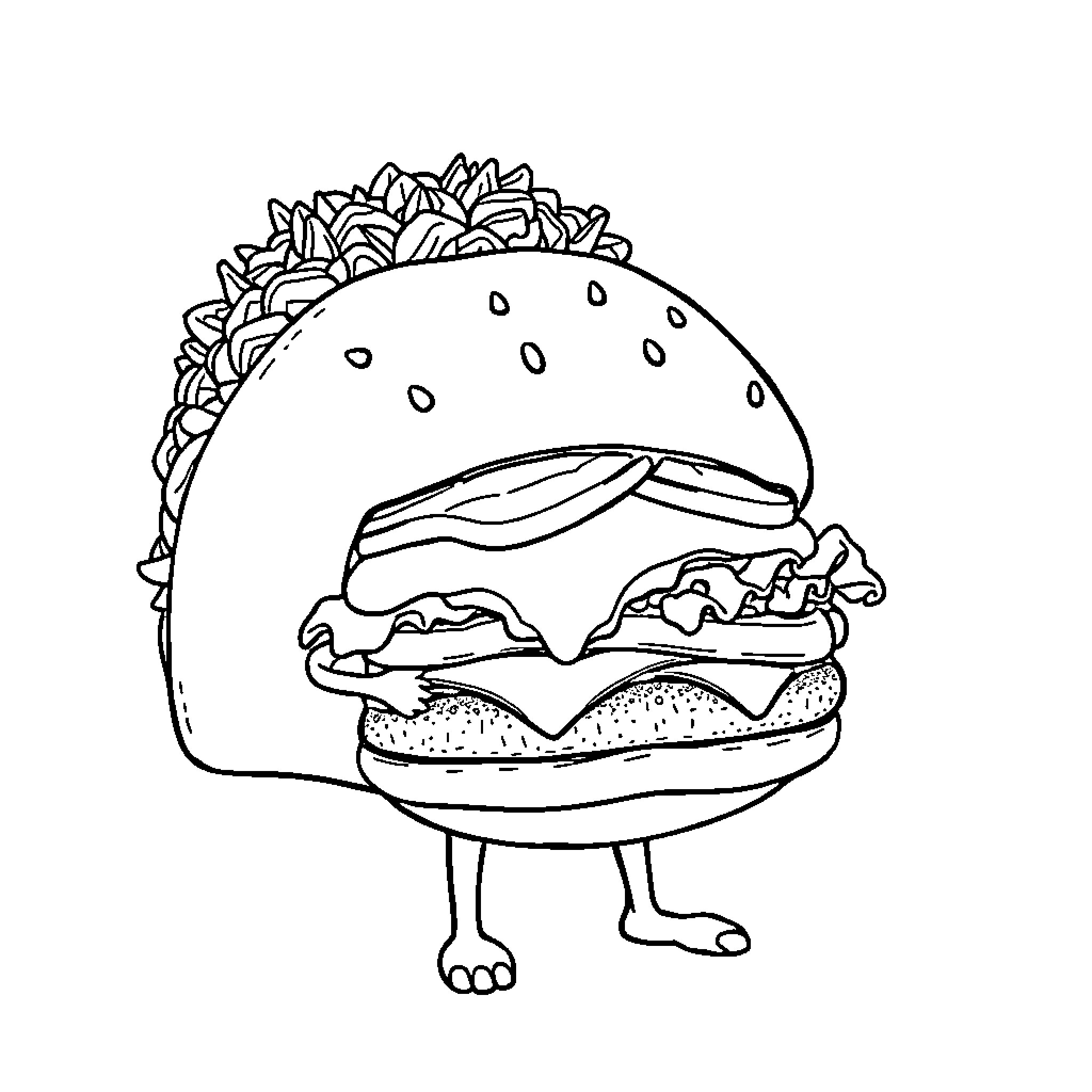 Taco character with a big smile Coloring Page (free black-and-white line drawing printable PDF for all, from beginners to advanced learners, including children, teens, adults, and seniors)