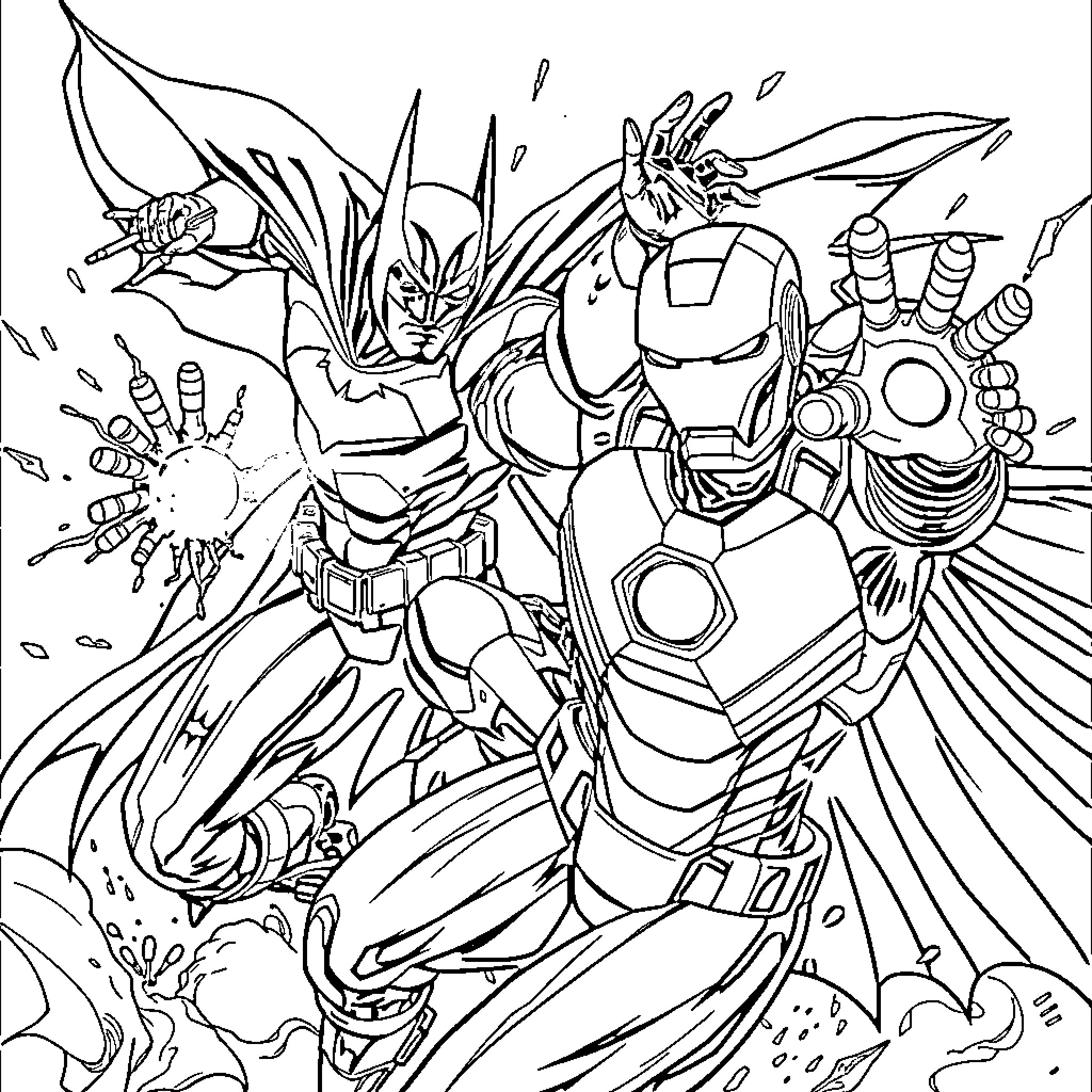 Batman in Heroic Battle against Enemies Coloring Page (free black-and-white line drawing printable PDF for all, from beginners to advanced learners, including children, teens, adults, and seniors)