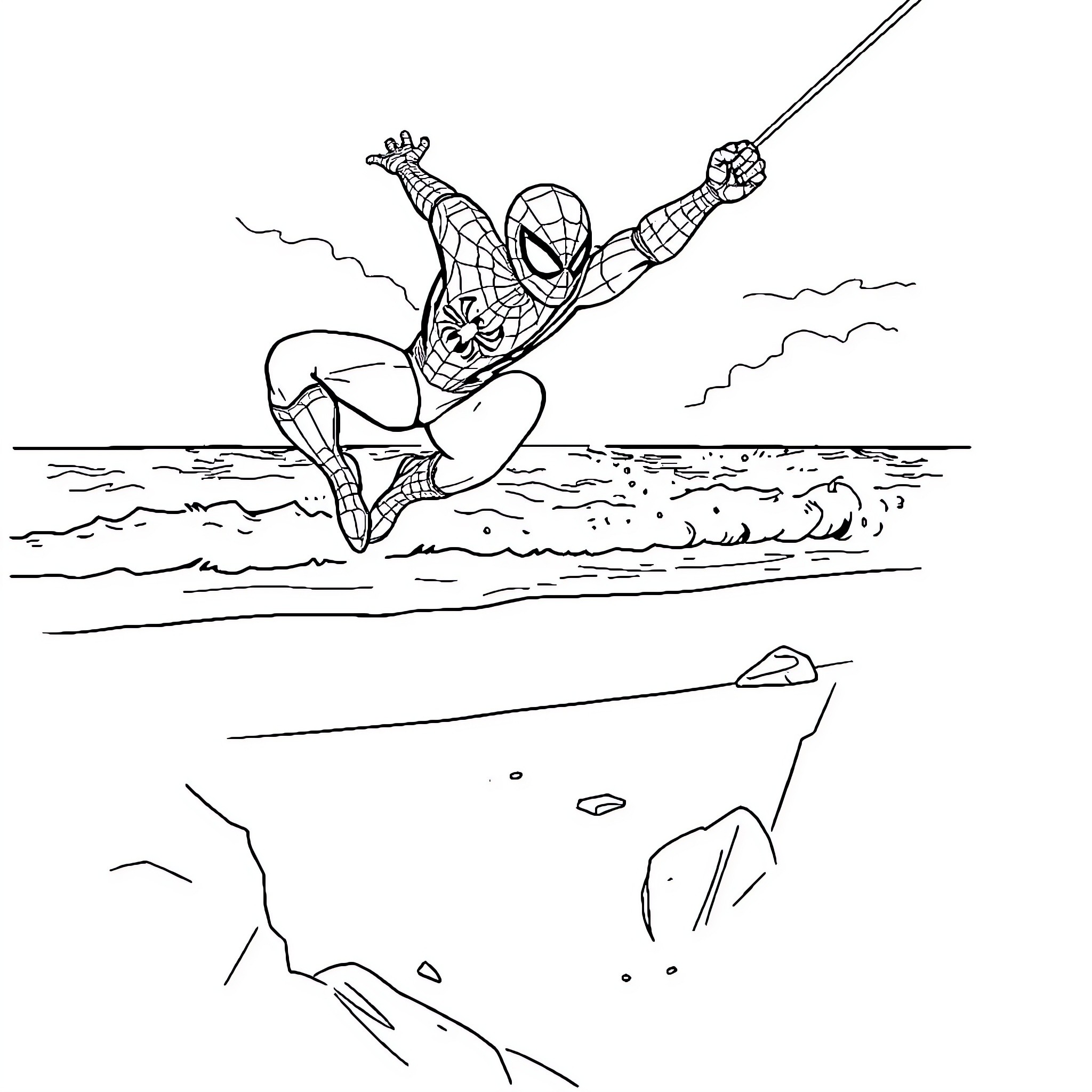Spider-Man swinging high above the waves Coloring Page (free black-and-white line drawing printable PDF for all, from beginners to advanced learners, including children, teens, adults, and seniors)