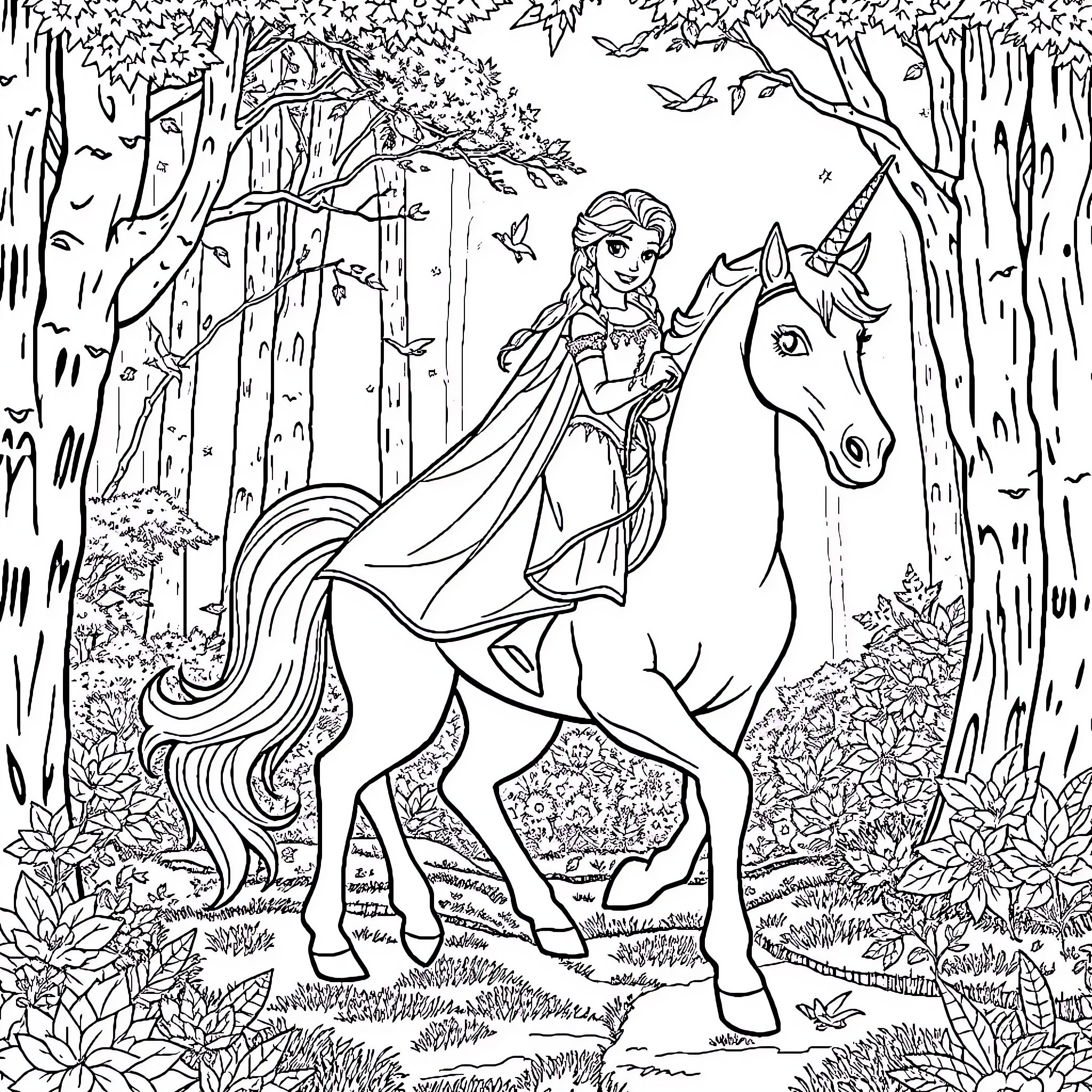 Elsa's Forest Adventure with Unicorn Coloring Page (free black-and-white line drawing printable PDF for all, from beginners to advanced learners, including children, teens, adults, and seniors)